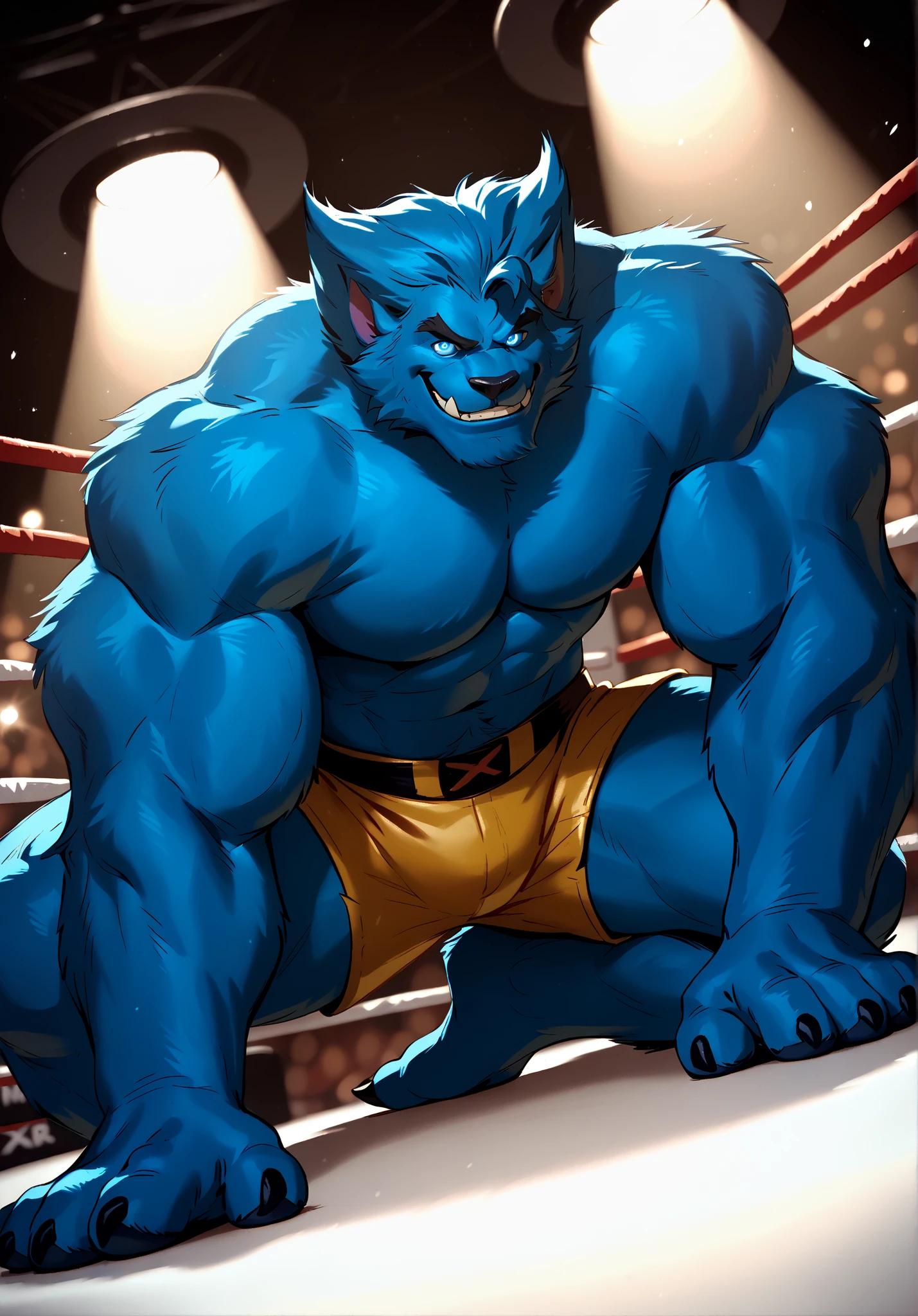 Beast prepares to be the champion of the UFC MMA Fight Championship Tournament.  Being the greatest smartest and strongest fighter of X-Men.  Spotlight at the fighting caged octagon ring.  Shirtless, swole muscular, wearing black UFC MMA shorts with blue slits, wearing UFC MMA gloves with blue pads, black toeless socks, view from the point of view of the ring.  score_9, score_8_up, score_7_up,   XBeast, solo, bara, blue fur, blue hair, detailed eyes with blue pupil, XBeast, confident smile