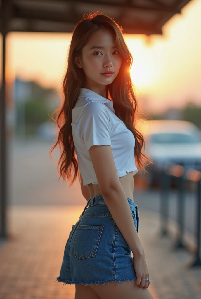 ((Skirt twisting))、pantie shot、school uniform consisting of a open white short-sleeved shirt and grey platted mini skirt, sexy butt, K-pop idols、Highly detailed white skin、Beautie、One woman、20-years old、Brown long windy wavy hair、middlebreasts、perfectly proportions、In amusement parks、Skirt grabbing poses are free, showing white panties to the viewer, butt up, back pose, kneeling, back shot, lifting skirt, ((clearly see your beautiful butt)), blue sky, ((from below:1.3)), looking over shoulder