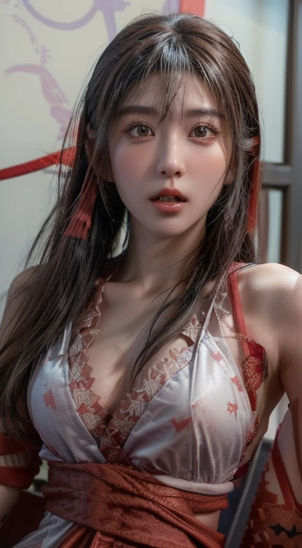 Highest quality, masterpiece, look up, Upper Body, cute,(Horror),(((Female ghost,Dead,Bleeding,Shedding tears of blood))),(Sexy),(sexy),(Completely naked),(White robes),Baby Face,Black Hair,((Large breasts)),Beautiful Style,(Dark atmosphere)