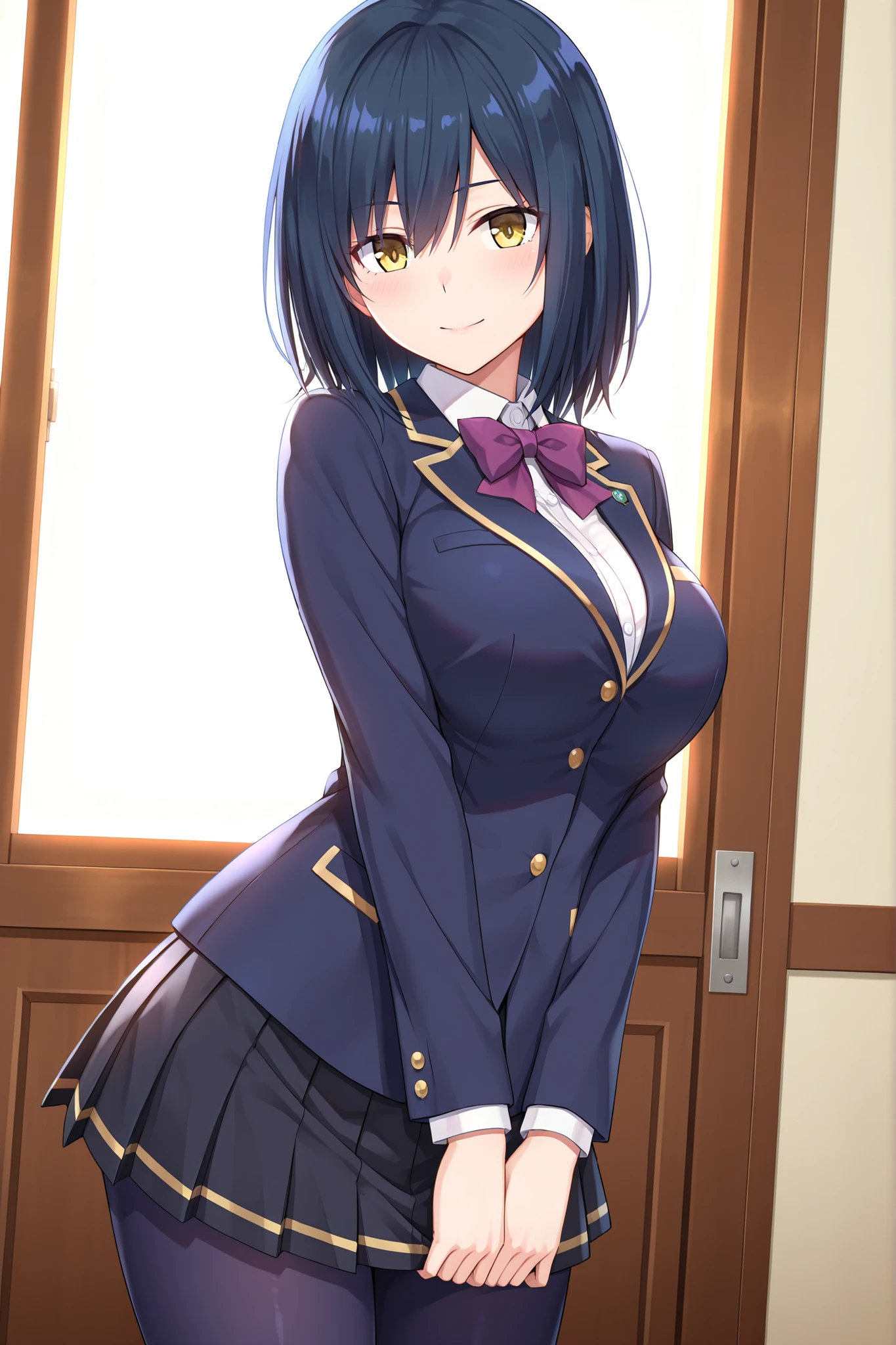 solo,masterpiece,best quality, amazing quality, highres, absurdres, very aesthetic, high resolution, ultra detailed, perfect details,nijirin,large breasts,yellow eyes,blue hair,black hair,moles,medium hair,nijirincos,white shirt,collared shirt,purple bowtie,blazer jacket,blue jacket,blue skirt,miniskirt,pleated skirt,dark blue pantyhose,(masterpiece, detailed:1.2)、look at viewer,anime screencap,mature female