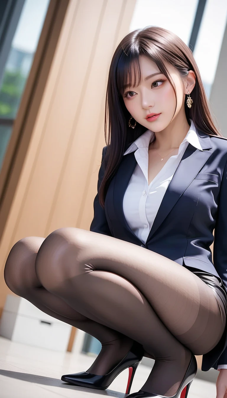 ulzzang-6500-v1.1, (Raw photo:1.2), (Photoreal),  (See-through:1.3), (genuine: 1.4), Office lady sitting cross-legged on the desk, wearing a strict suit, wearing a strict business suit, (super realistic pantyhose:1.3),  reluvy5213, sakimichan HDRI,  to NFSW、smile of shame、huge file size, High resolution, very detailed, highest quality, [masterpiece:1.6], An illustration, very detailed, ticker, fine details, highest quality, 8K wallpaper, movie lighting, cute droopy eyes beautiful big eyeuste piece)), 