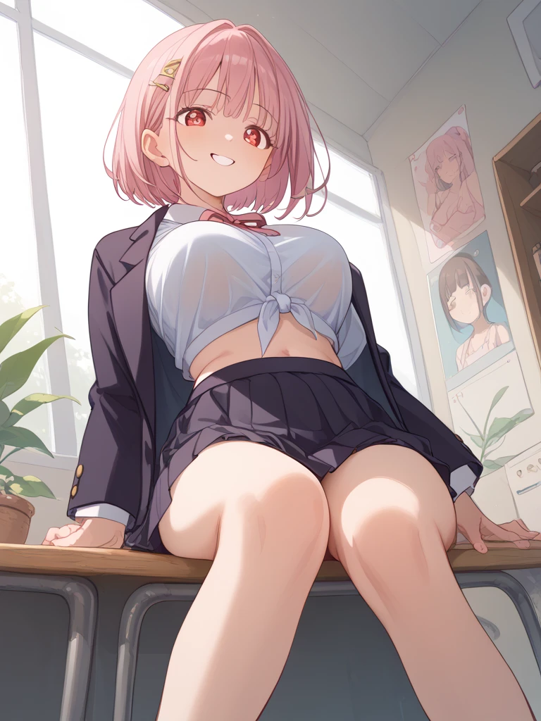 nsfw,((Masterpiece)),((high resolution)),((Best Quality)),Anime illustration,(((1girl))),(wavy hair),(short hair),(pale pink hair color),small ponytail,Red eyes,(Big round eyes),((tareme)),,((loli face)),sm,drunken eyes,((very big breasts)),Short stature,Young,,,cardigan,mini skirt,Feeling embarrassed,Are crying,classroom,thighvibe,vibrator in thighhighs,lift skirt,skirt lift,