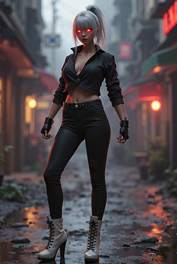 ((Courtney Hope)), red hair, asymmetrical hair, short ponytail, wavy hair, sidelocks, low ponytail, Slim but lightly toned build, medium bust, (strong glutes), crooked GRIN, BREAK: Fitted Black motorcycle/bomber jacket 1/4 cropped, (tight, red micro bikini top under jacket), Skin tight black jeans, matte black leather motorcycle boots, BREAK: 1girl, solo, wide shot, she floats above the ground, posing with arms down palms towards ground as she floats, BREAK: UHD, 16k, best quality, anatomically correct, accurate face, masterpiece, (full body portrait), BREAK: set in a dishevelled brutalist office interior with white brutalist architecture and white walls