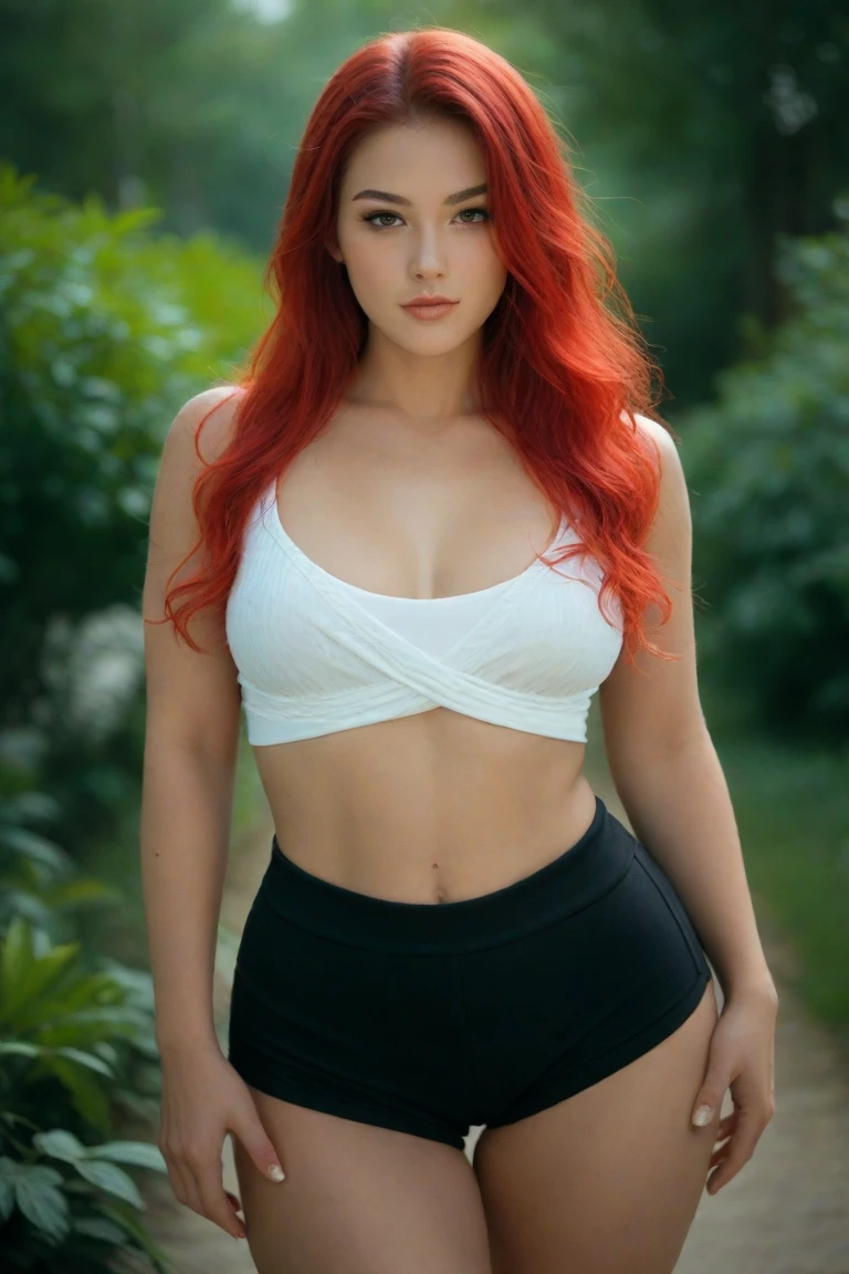 Single girl, mid 20s, very long vibrant red hair, tied back in a high ponytail, chubby, soft curves, green eyes, dark eyes heavy makeup, large breasts, sports bra, small lycra shorts
