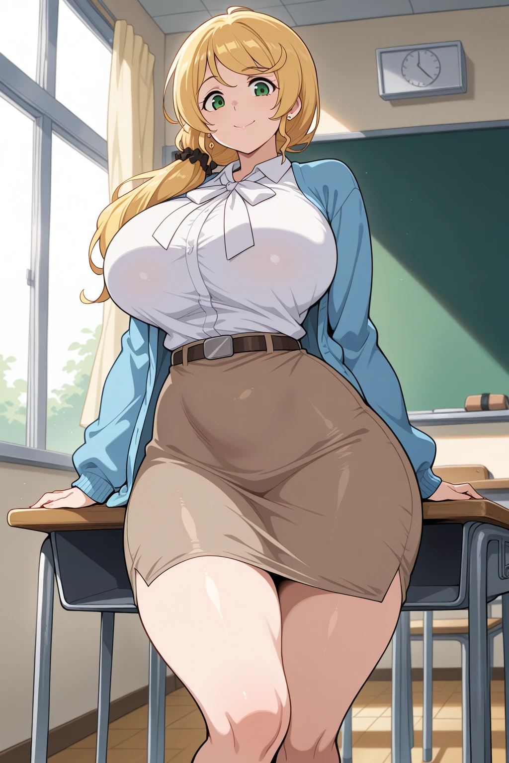 ((highres)), Masterpiece, high quality, best quality, beautiful, perfect lighting, detailed face, ultra cute face, ((1girl)), ((solo), long blonde hair, bangs, ponytail, blue eyes, glasses, (blush), aroused, looking at viewer, arms crossed, standing in a classroom, (classroom), daytime, dress shirt, pencil skirt, thigh highs, (wide hips), ((thick thighs)), medium breasts, perky breasts, 24 year old female,