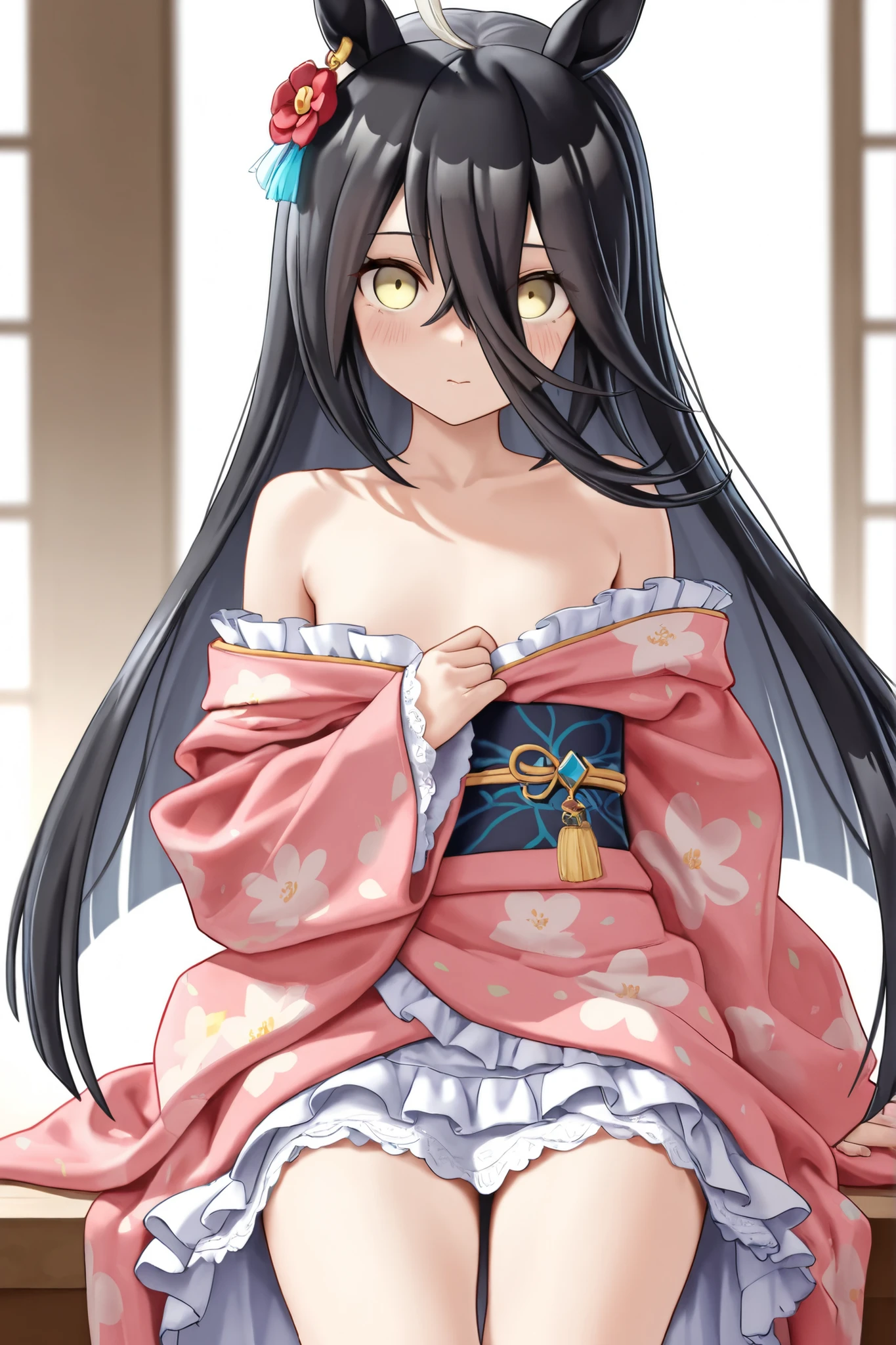 NSFW ((topless))++ Completely naked Nezuko Kamado, Black Hair, (amount:1.5), Hair Ribbon, Long Hair, Multicolored Hair, (Pink Eyes:1.5), Orange Hair, Elongated pupils, Wavy Hair, Two-tone hair, break asa no ha (pattern), checkered sash, Haori, kimono, kimono, Long sleeve, heart, pink kimono, sash, wariza, Wide sleeves, break looking at viewer, break indoors, break (masterpiece:1.2), Highest quality, High resolution, unity 8k wallpaper, (shape:0.8), (Beautiful attention to detail:1.6), Highly detailed face, Perfect lighting, Extremely detailed CG, (Perfect hands, Perfect Anatomy),