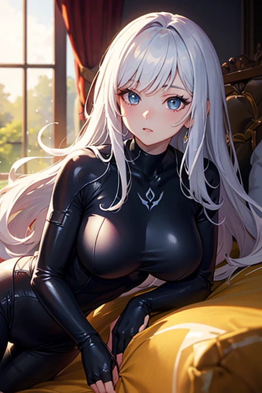 Beta  <lora:Beta - NOxT:0.9> elf, young beautiful woman, (silver hair, short hair, braid), blue eyes, bodysuit, gloves, cleavage