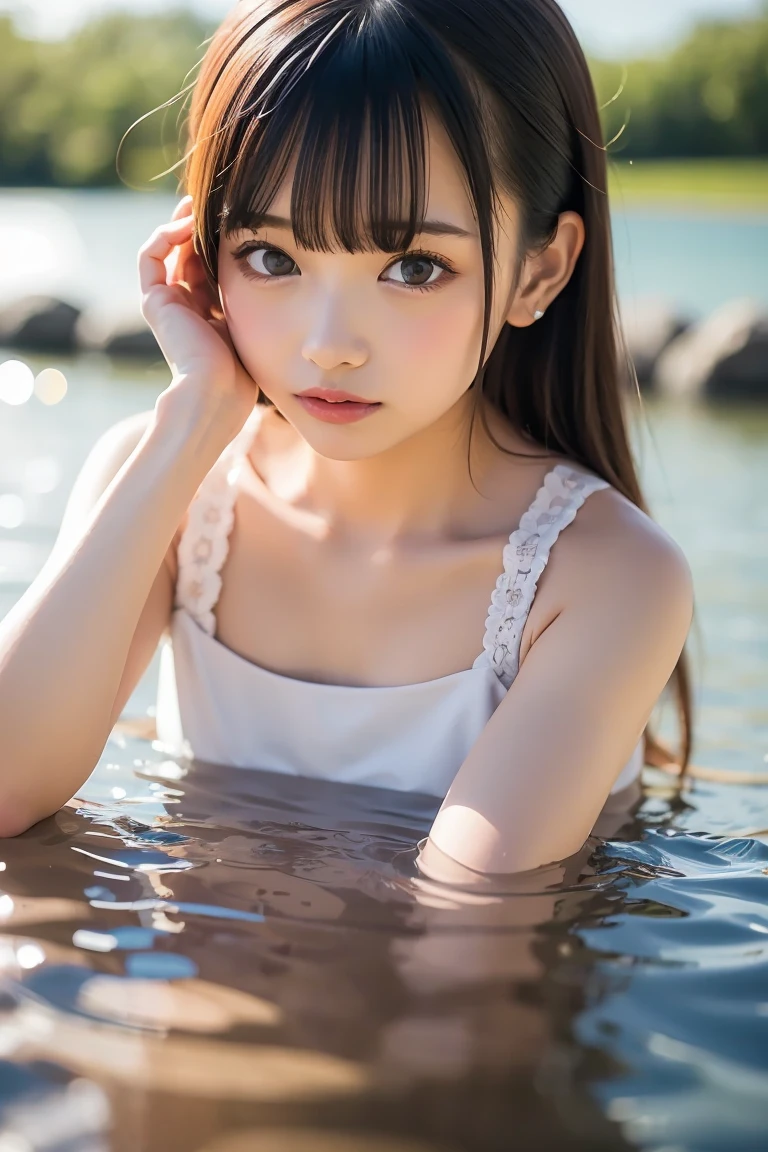 table top, highest quality, 8K, I'm 10 years old, teen, Raw photo, absurd, award winning portrait, smile, smile, alone, idol face, viola lace, gardenia,A tank top with a large opening at the chest, mini skirt、delicate girl, Upper body,full body shot, Digital single-lens reflex camera, looking at the viewer, Frank, Sophisticated, Zola々right, thin arms,small mouth,cute face, professional lighting, film grain, chromatic aberration, (Eye and face details:1.0), (Bokeh:1.1), 、primary school student、lolicon、hot spring、open-air bath