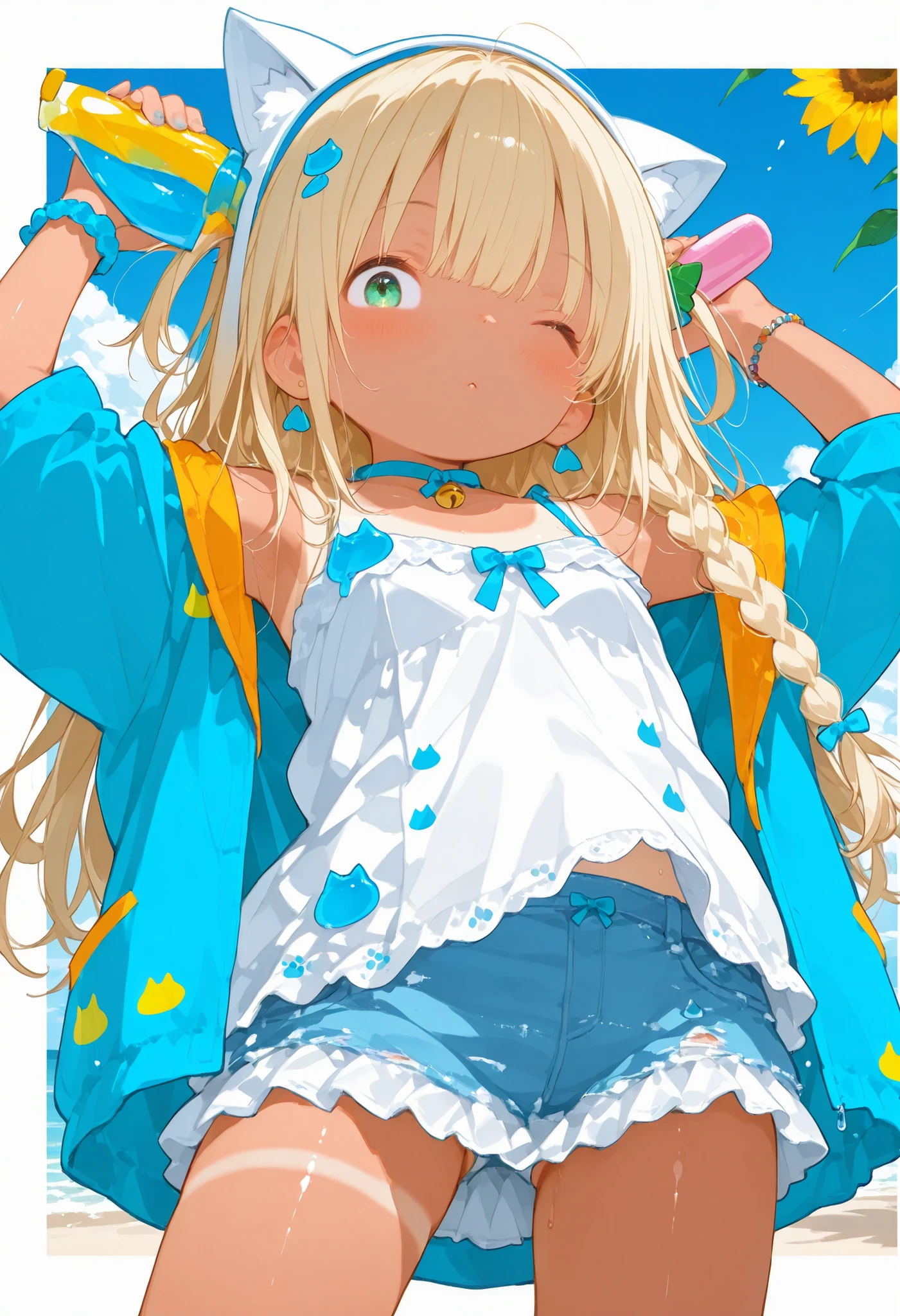 casual clothes、Cat ear hat、cat slime、young blonde girl, braids、tanlines ,tan,