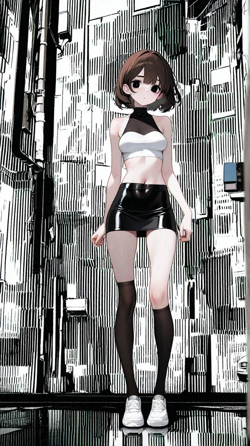 ((masterpiece,best quality anime,Highest quality:1.3)),realistic,cowboy shot,1woman,(30 year old beauty),((very small head:1.4)),((very long body:1.4)),(short bob hair),black hair,(gorgeous big eyes),black eyes,shy,((slender body:1.4,skinny:1.3)),medium breasts(Black leather rider jacket,navel、Black leather mini skirt),Black tank top,Punk Fashion、Black leather shoes、kneeling,arms behind back,sweat,oily skin,gleaming skin,shiny skin,standing、Alley,New York City、