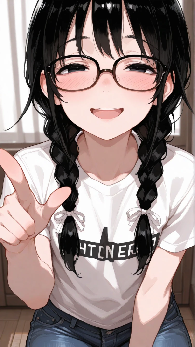 1girl, solo, long hair, ((shaggy hair)), Black-rimmed glasses, nose blush, Panic look, freckles, pale skin, Worried brow, (Bubble mouth), Looking up, pov, pov hands, He is holding her hand, (Oversized T-shirt), (One of her shirts has slipped), exposing her bra straps, The hustle and bustle of the city,
