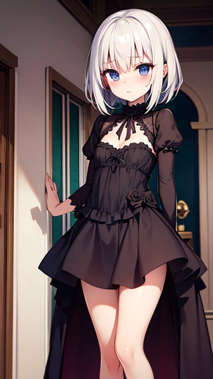 a drawing of a young girl in a black dress is posing beside an empty bed, 1girl, solo, pantyhose, dress, black dress, indoors, skirt hold, black pantyhose, white hair, short hair, long sleeves, blue eyes, braid, looking at viewer