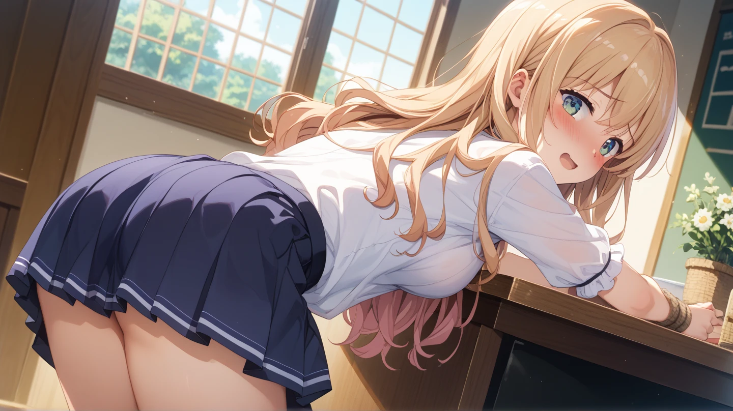 masterpiece、Highest quality、Asuna, 1 Girl, alone,classroom、Side Ponytail、Leaning forward、Big Breasts、Swimwear、Stick your butt out、look back、Five Men、Sex、Handjob