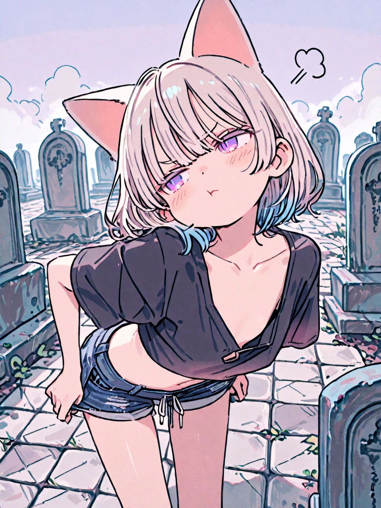 ((Kuroboshi Kouhaku style)), ((Masterpiece)), ((best quality, very aesthetic, absurdres, newest, detailed background, High Definition)), (8K), ((1girl)), (cute young girl), (Healthy Gaunt body, Textured skin, small chest, tilt head), ((platinum-gold hair)), (cropped shirt, black shirt, loose neckline shirts, gradient shirts), cute navel, exposed lower abdomen, (short shorts, Navy blue Denim shorts, unbuttoned shorts), cute thongs, (long bangs, fanged bangs, blue color Hair Tip), gradient hair, beautiful collarbones, BREAK ((:t, blush, pout)), puff of air, Thin and short eyebrows, (cute cheeks), glossy lips, pouty lips, (lower eyelashes), (cat ears), ((jitome, pale purple eyes, gradient eyes, looking at side)), (pulling down shorts, pull by self, undress shorts, slightly exposed naked hip), (loose standing on the Stone tile floor, leaning forward), thongs, ((foggy effect)), outdoor, Terrifying haunted Cemetery at midnight, rotting tombstone, Decaying cemetery,