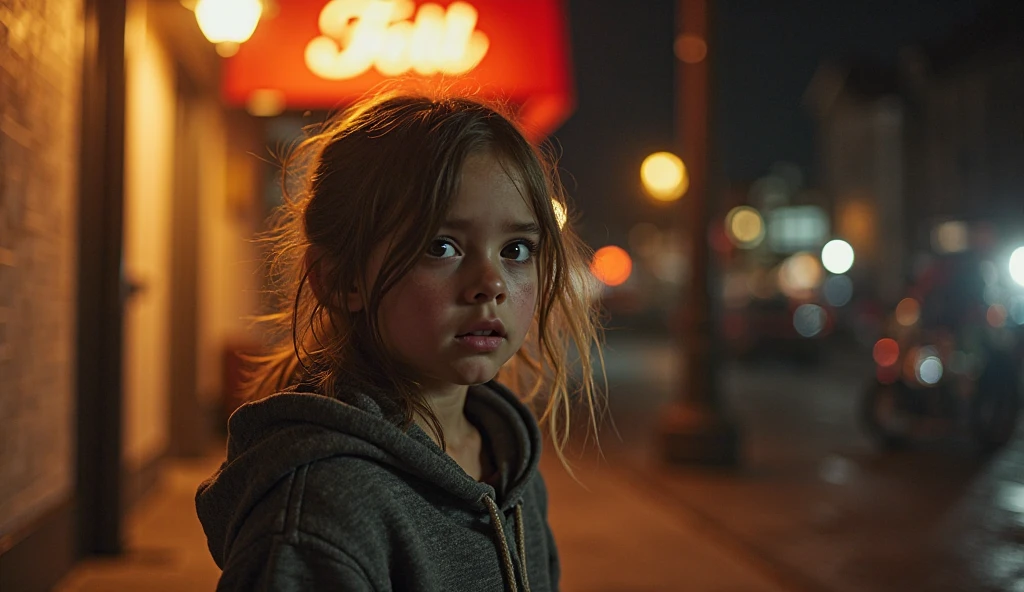 girl stands in the middle of a busy road, A lot of cars, night, Fujifilm
