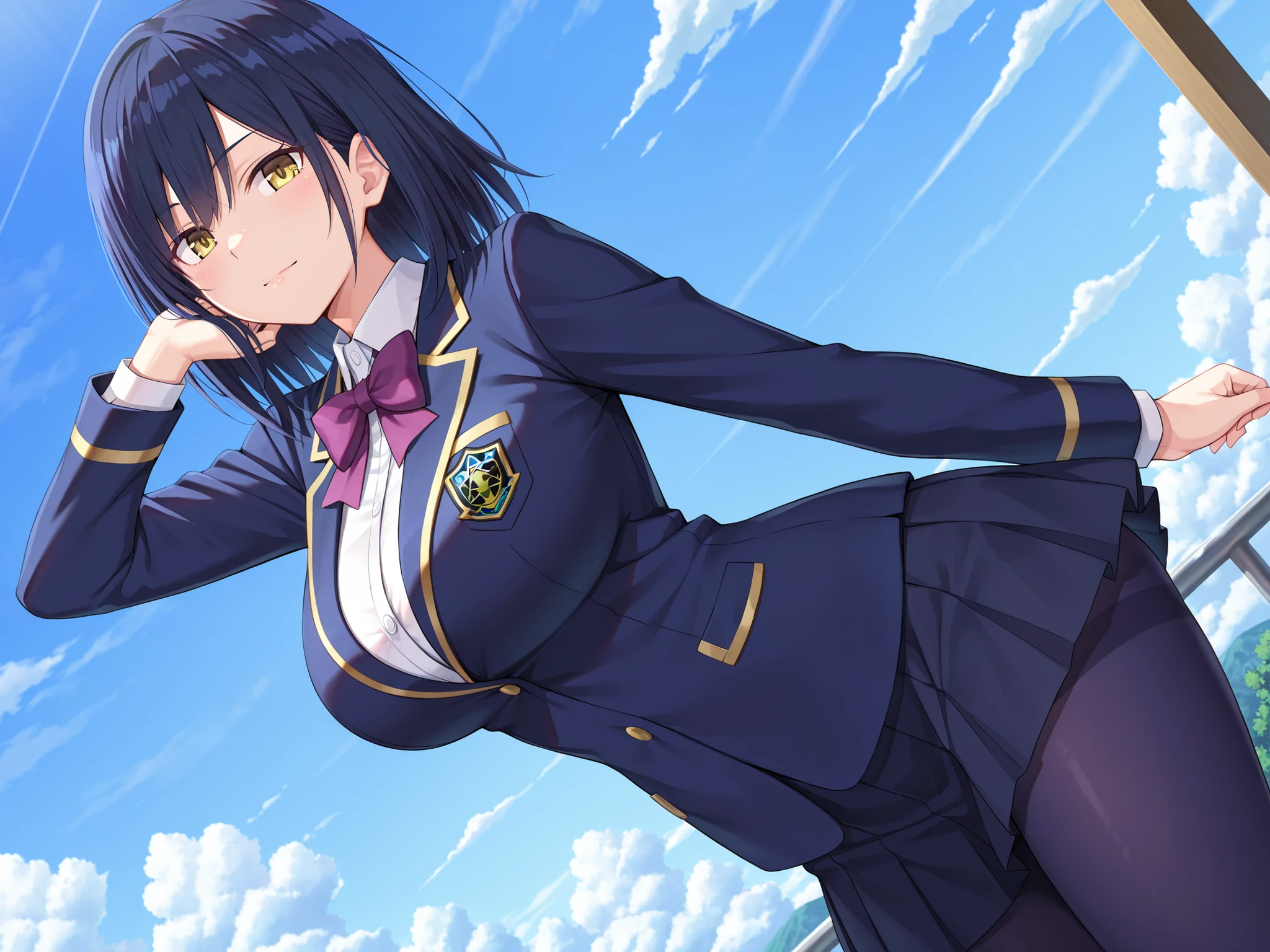 solo,masterpiece,best quality, amazing quality, highres, absurdres, very aesthetic, high resolution, ultra detailed, perfect details,nijirin,large breasts,yellow eyes,blue hair,black hair,moles,medium hair,nijirincos,white shirt,collared shirt,purple bowtie,blazer jacket,blue jacket,blue skirt,miniskirt,pleated skirt,dark blue pantyhose,(masterpiece, detailed:1.2)、look at viewer,anime screencap,mature female