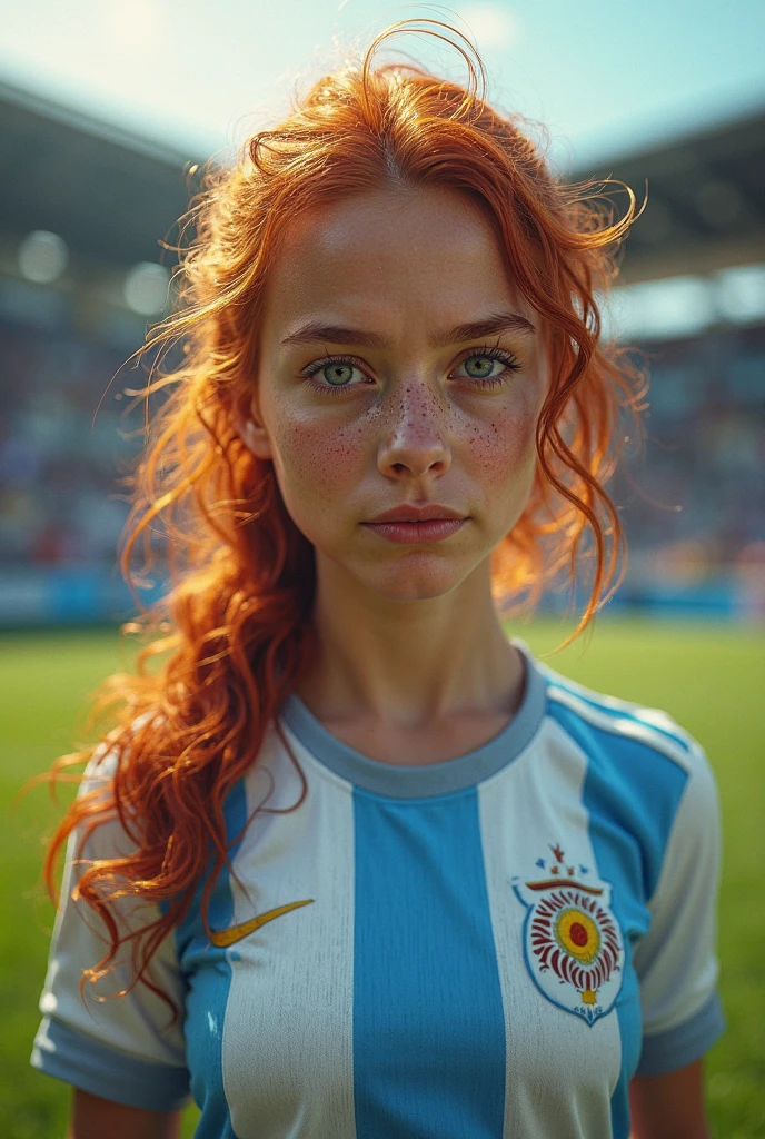 sexy girl, intense light redhair hairintense light, short curvy hair, grey eyes, delicate face, pale skin, large breast ,young, wearing a shirt of the Argentina soccer team, Argentina flag in back , Masterpiece artwork, realisitic, Rendering, low-contrast, deblurring, aperture 1.6, focusing, (subdued colors), low saturation, digital art realistic photography trend in Artstation 8k HD realistic high definition detailed, detailded, texture skin, hiper detailded, textura de pele realisitic, (tenebrosa) best qualityer, ultra high-resolution, high resolution, detailded, fot crua, Sharp, Photography 4 Kodak Portra 400 camera F1.6, Colors Hyper Realistic Texture Dramatic Lighting, Surreal beauty, charming beauty, 8k, posing in the gym,