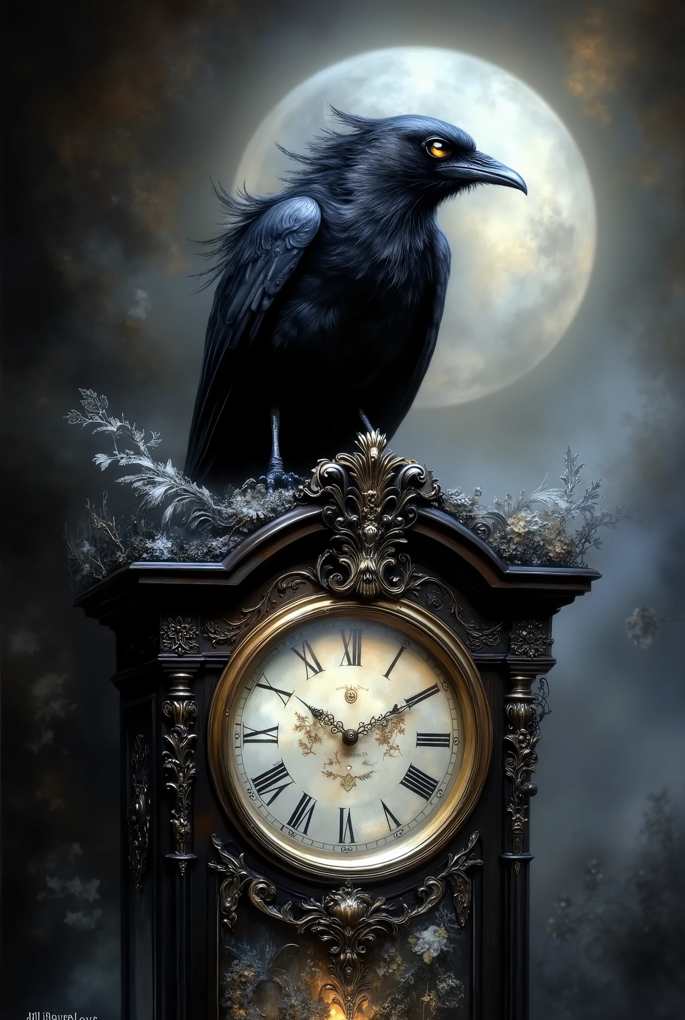 a large Raven perched on an Victorian Grandfather Clock, Gothic aesthetic, high detail, masterpiece.