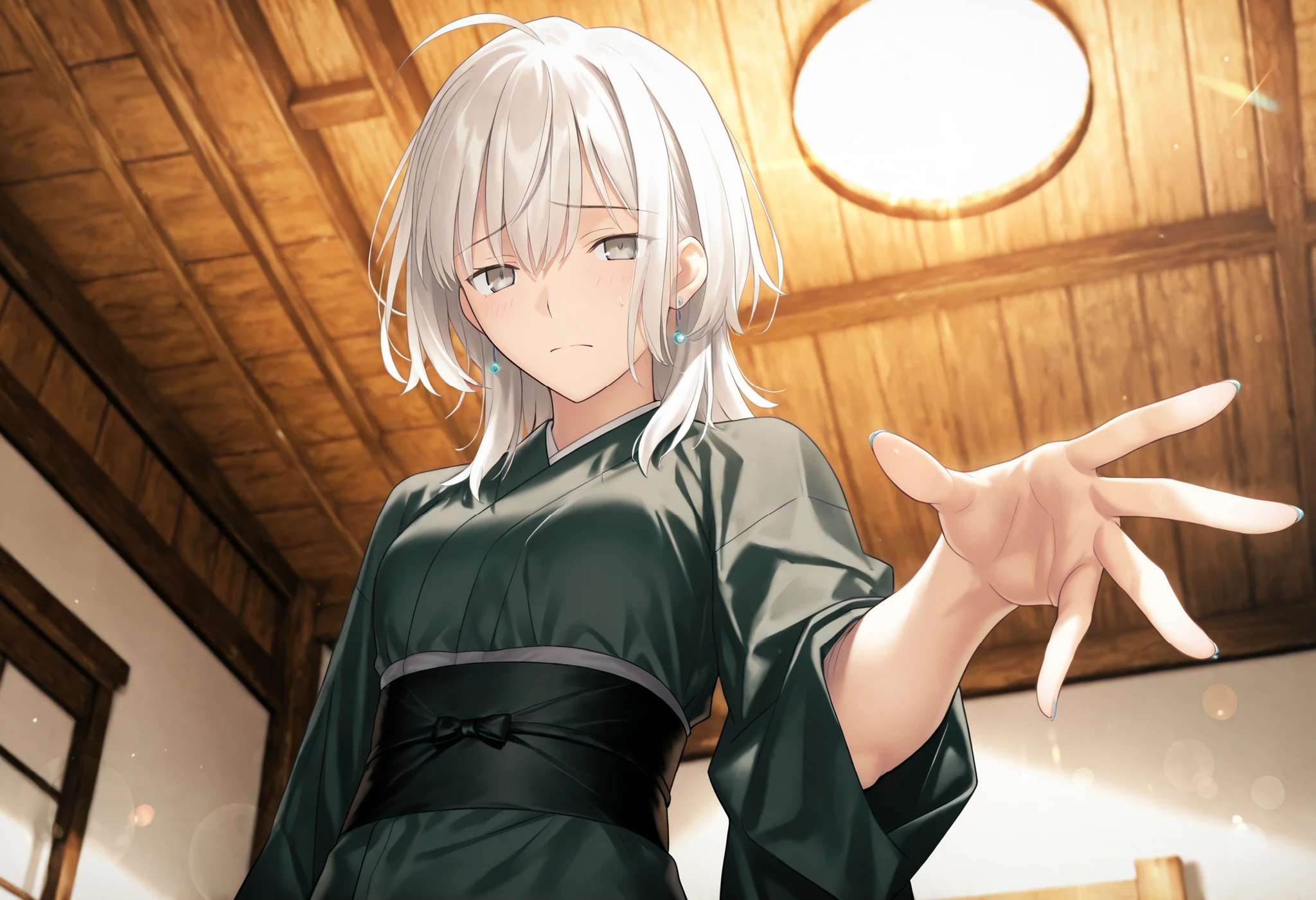 masterpiece, , absurdres, highres, detailed background, high resolution, masterpiece, necessary, detail, best quality, quality, necessary, details, High details, Precise, 8k, indoors,(bed room),dark lens flare, blurry background, (((from below))),
1girl, , koyama hirokazu (type-moon) style, ,Takeuchi Takashi style, (aged up),(upper body),,(((nervous, reaching))), open hand,
very tall girl, (slender body, slim arms, slim body), solo, long sidelocks, blue pierced earrings,, ,
((wolf cut hair)), white hair, medium hair, gray eyes, half-closed eyes, jitome ,bangs, hair between eyes, ahoge, ,(kimono, dark green kimono, long sleeve, ), ,(small breasts),(looking at viewer), , , ,