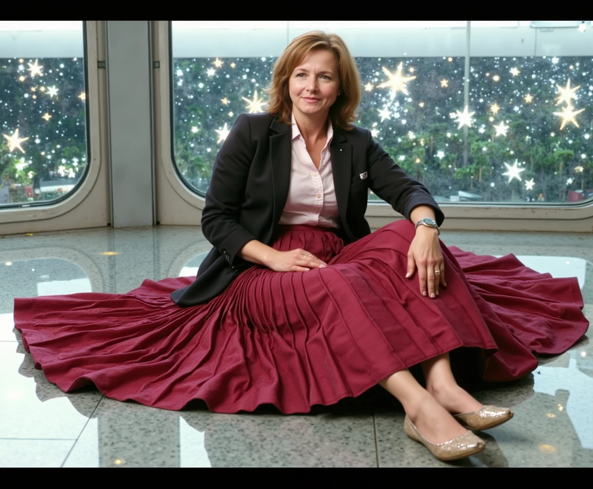 In an interstellar office adorned with vintage charm, a demure, mature therapist, dressed in a crisp uniform jacket and a blouse, reveals her alluring feminine grace. Her long, pleated skirt sweeps dramatically across the metallic floor, each fold a testament to the high-quality 35mm film, capturing the essence of Portra400 or Vision3 200T/500T. The soft focus lens embraces her, blurring the cosmic backdrop of star-studded windows that frame her nurturing embrace. She sits on the edge of her desk, her modest low-heel shoes hinting at a flirtatious posture. Her gentle smile is enhanced by the warm golden light that kisses her flushed skin and glistening sweat, while her glasses reflect the moonlit dance of distant galaxies. The soft, seductive arch of her legs invites closeness, and her blushing cheeks and parted lips whisper promises of a passionate embrace. The spacecraft's interior, a blend of retro-futuristic elegance and modern ergonomics, is bathed in a sensual ambience that resonates with the therapist's longing gaze. The composition is a masterful blend of intimate framing and the vastness of the cosmos, highlighting the stark contrast between her tender touch and the cold steel of the spaceship. The lighting, a symphony of artificial warmth and ethereal moonbeams, casts long, dramatic shadows that play upon her form, emphasizing the contours of her body and the sharp creases in her skirt. Her eyes, filled with a mix of empathy and desire, beckon you into the heart of the frame, inviting you to explore the depths of her soul in this erotically charged, celestial sanctuary.Milfie-v2