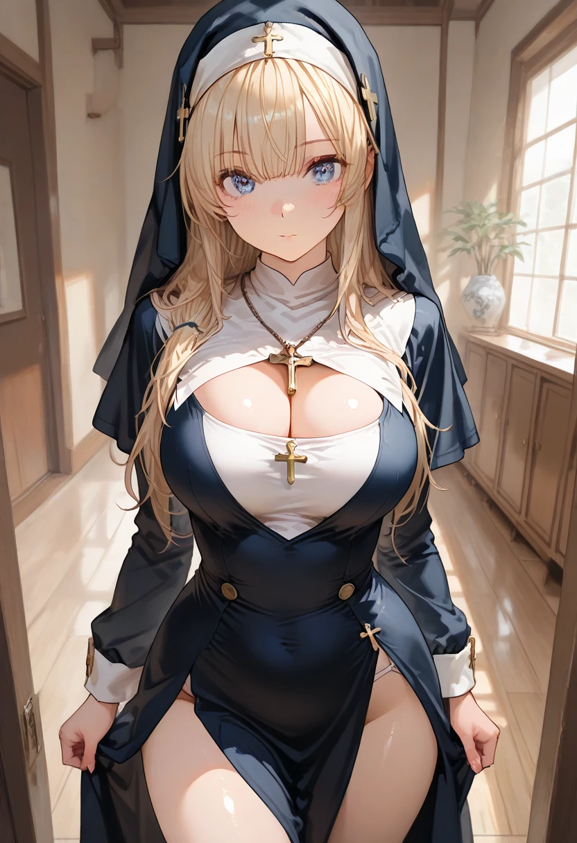 (table top: 1.3), (maximum resolution: 1.2), (Ultra HDTV: 1.2), cinematic light, 8K resolution, fine eyes and skin, detailed facial features, , (sharp focus: 1.2）, (focus on face:1.2),perfect style, beautiful face, acura, anatomically correct, Highly detailed face and skin texture, fine eyes, double eyelid, thin eyebrows, glitter eyeliner: 1 natural cheeks, Glossy skin, Fair skin: 1.2, (glossy lips: 1.4),、 (embarrassed look: 1.2),Highly detailed face and skin texture, fine eyes, double eyelid, natural cheeks, , glossy lips: 1.4,exposed cleavage、collected sperm、Overflowing sperm、flowing sperm、 blush、humiliating、impatience、It was too disappointing、It was scary、glare、sexual excitement、provocation、embarrassing、please open your knees、open your legs、 white underwear、white bra、Sparkling small earrings and necklace、disheveled clothes、exposed panties、Sweat、thin underwear、stockings、 28 years old, A neat and clean woman,1 person、 blonde、blue eyes、green gray eyes、upturned chest, church、Stained glass,(monastic uniform:1.2)、disgusting face、shed tears、
