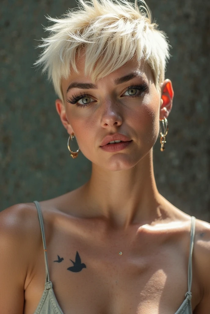 woman, white hair, detailed green eyes with vertical slits as pupils，fantasy, forehead Tattooed with tribal tattoos at temples，largeeyes，Wide eyes，（Eye focus），sface focus，Cosmic eyes，Space eyes
