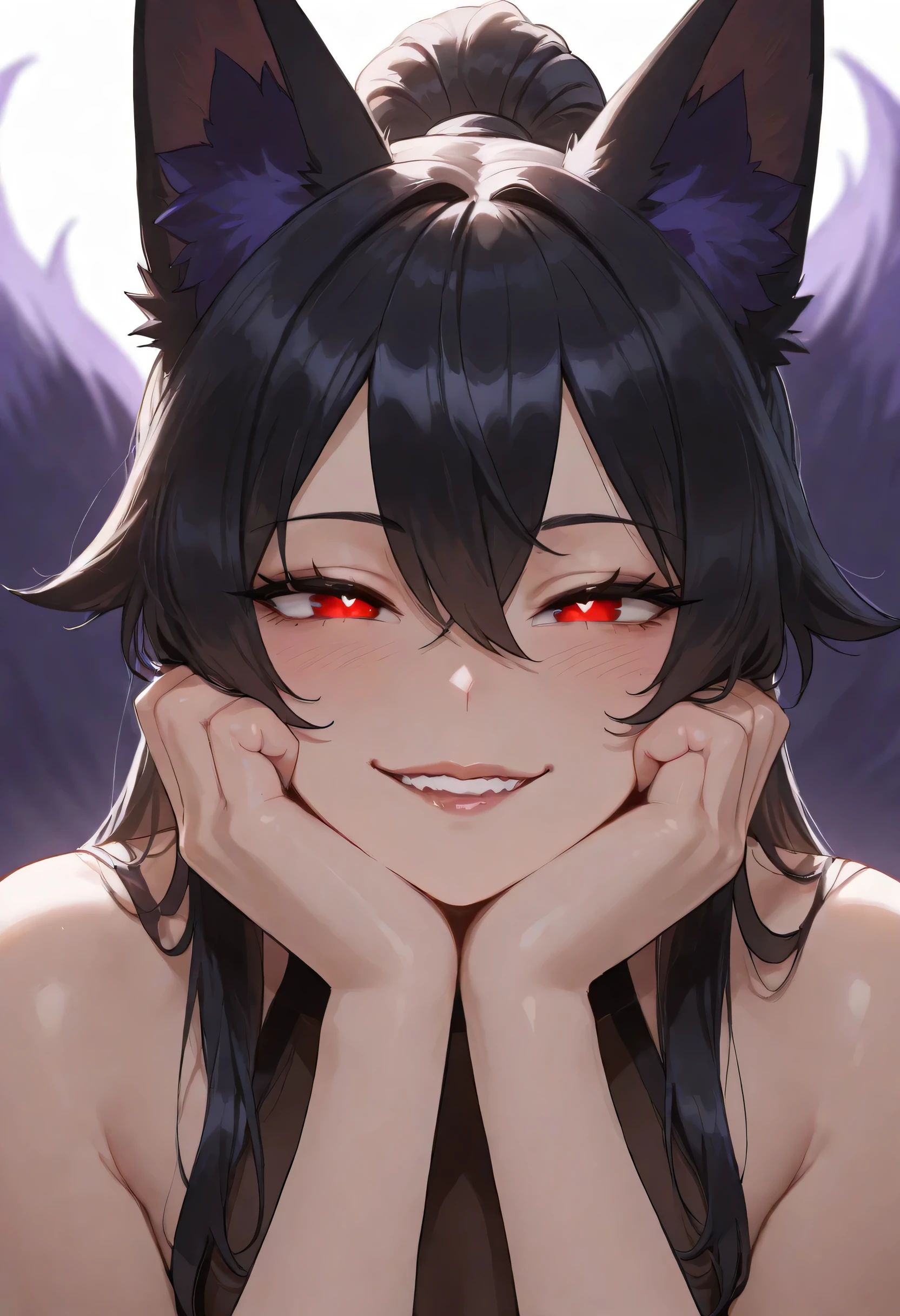 1 woman, red eyes, black hair, crow, glowing eyes, parted bangs, peaceful face, bathing, nude