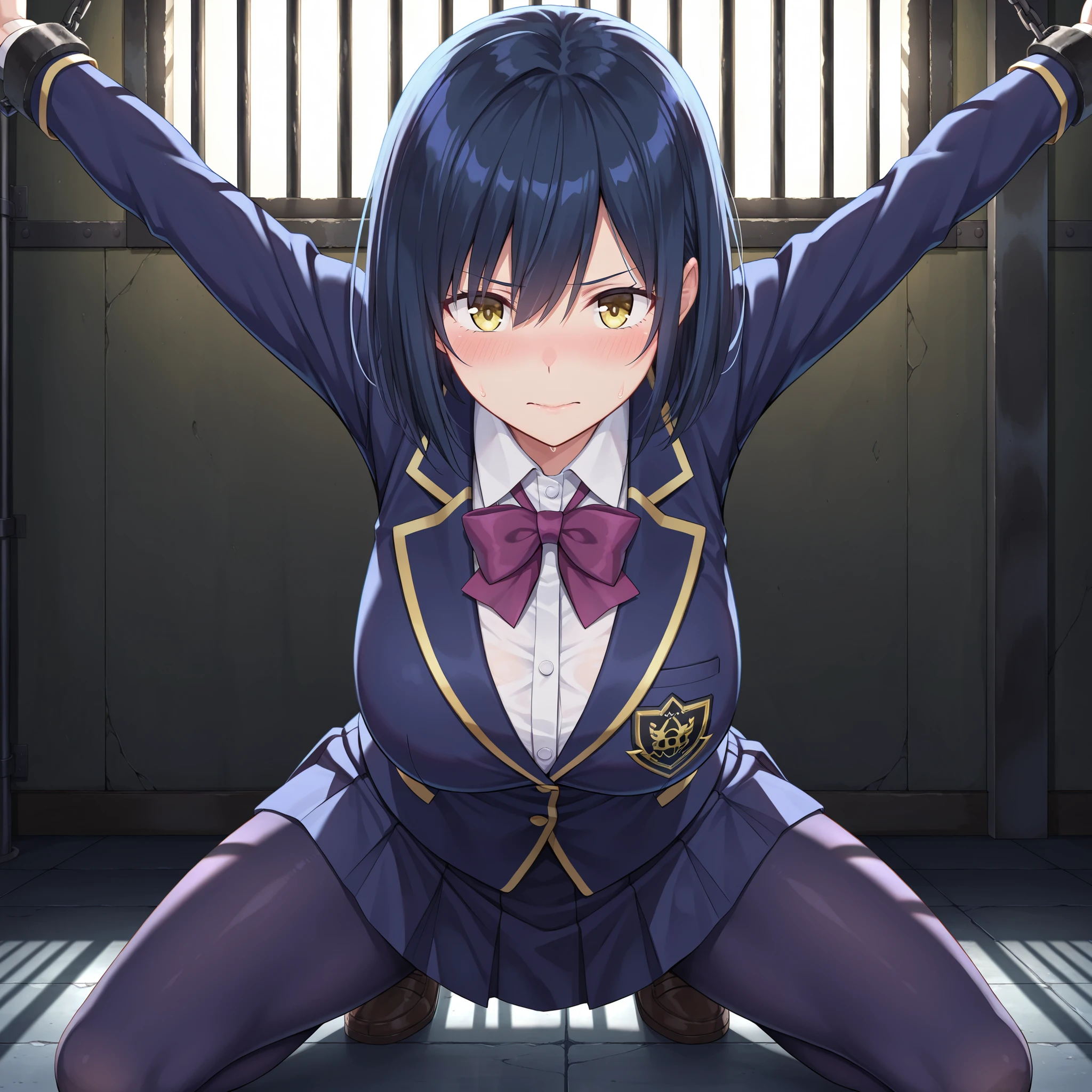 solo,masterpiece,best quality, amazing quality, highres, absurdres, very aesthetic, high resolution, ultra detailed, perfect details,nijirin,large breasts,yellow eyes,blue hair,black hair,moles,medium hair,nijirincos,white shirt,collared shirt,purple bowtie,blazer jacket,blue jacket,blue skirt,miniskirt,pleated skirt,dark blue pantyhose,(masterpiece, detailed:1.2)、look at viewer,anime screencap,mature female、On ground, arched back, spread arms, spread legs, chained arms, chained legs, Indoors, prison cell,looking at viewer, embarrassed,bent over