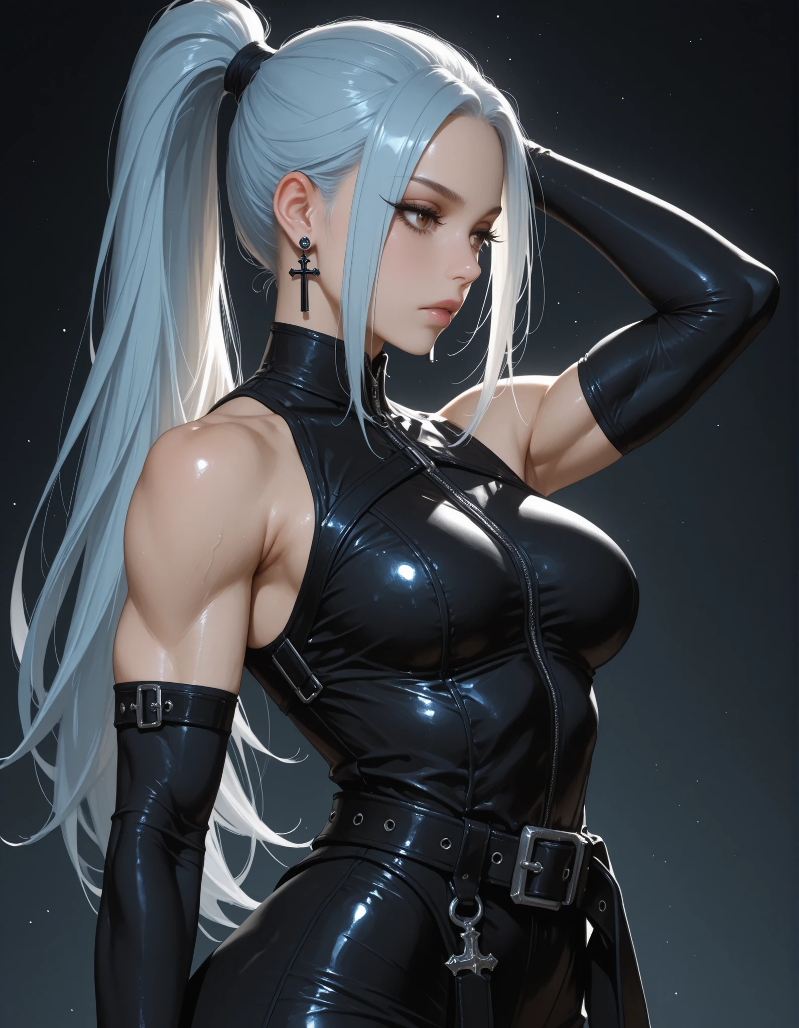 qi_aov_new, 1girl, solo, grey eyes, grey hair, bangs, long hair, hair ornament, breasts, large breasts, looking at viewer, blue eyes, white background, animal ears, bare shoulders, standing, white hair, , pants, black pants, armor, lips, gauntlets, jewelry, braid, toes, anklet, tail, ass, realistic, (masterpiece),((ultra-detailed)), (highly detailed CG illustration),(expressionless), (best quality:1.2) naked showing boobs without clothes sexy hot body