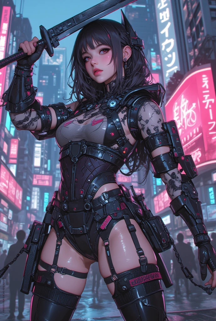 Cinematic Nsfw,Natural hair style,a female cyborg,skimpy suit,doujin,hentai,kawaii,stylish,pussy,busty, pubic hair,glamour,pink color tone,psychedelic costume,armored,A Cyberpunk dystopian girl,fantasic dystopia,dystopian scape,bladerunner,ghost in the shell,photorealistic,psychedelic colourful tone,posing,armed,guns,weapons,masterpiece,detailed background,8k,Nsfw,