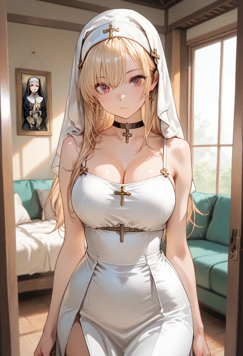 (masterpiece), best quality, expressive eyes, Shy, ashamed, charming face  perfect face, long White Hair, orange eyes, milf , pink lips , milf face, short white dress Dressed as a Nun, mother  ,cow ears , cow girl, 1girl, seductive smile, Neon Light, IncrsHeadGrabPOV,madure girl,  Landscape, Japanese hotel room 