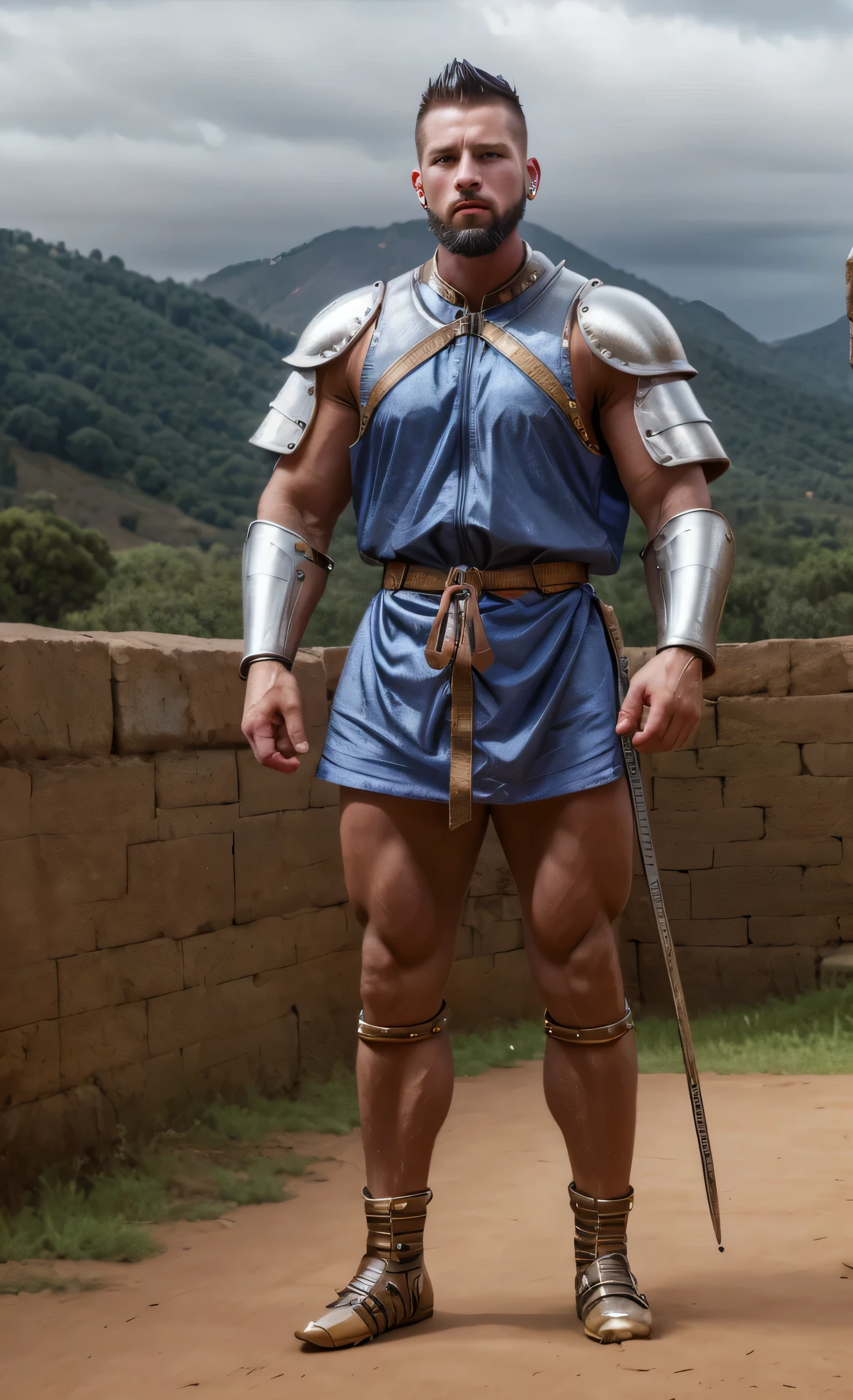 old man knight, wearing silver armor, revealing armor, busy medieval Mediterranean city background, muscular, wearing armor, nice bulge, sweaty body, sun going down, golden hour, latex, sexy armor, wearing kneepads, squatting down, looking up at me,