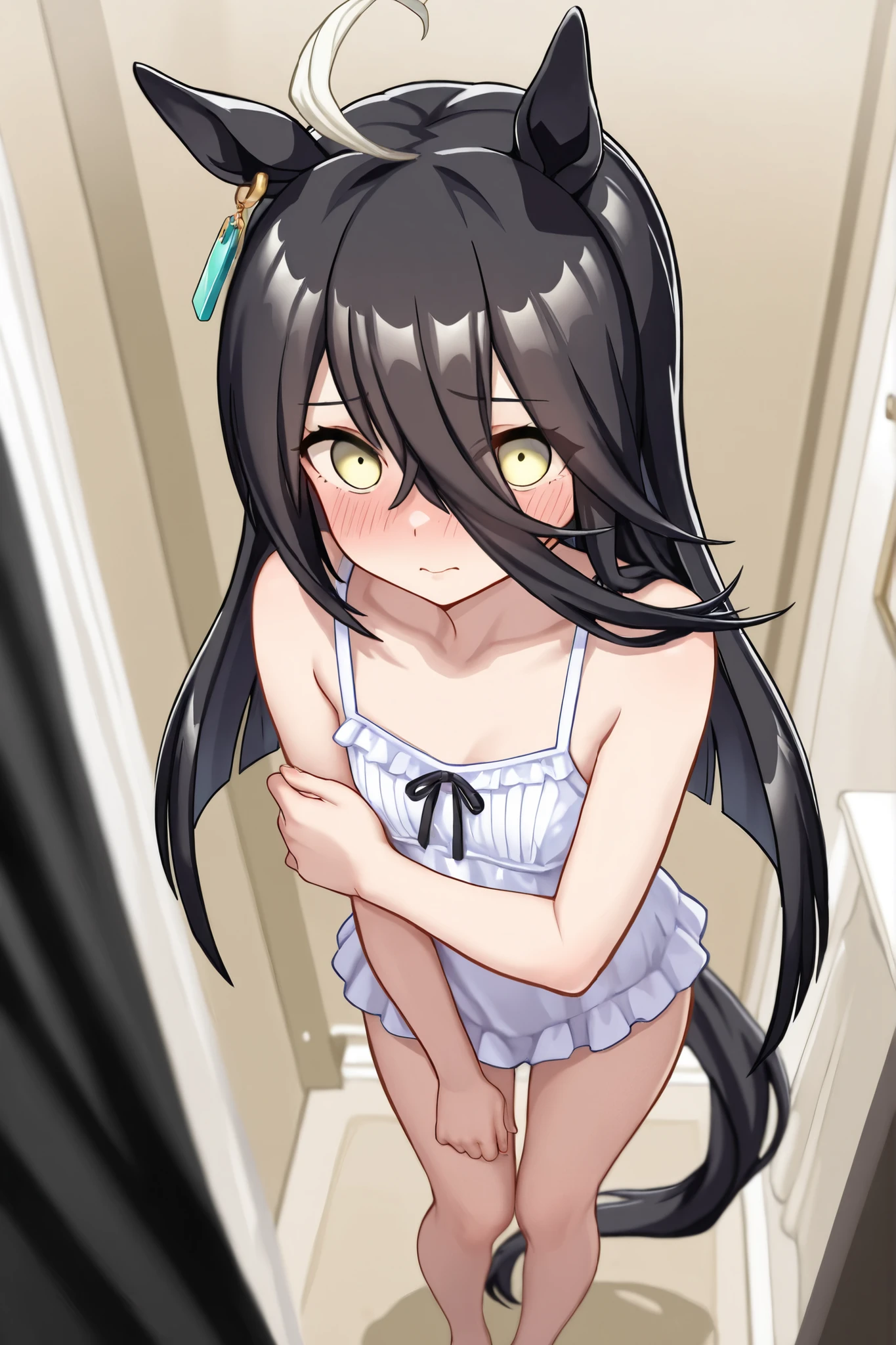 Brown hair, long hair, purple eyes, very short bangs, wide forehead, middle school student, flat chest , short, narrow eyes, hanging eyes, forehead, straight hair, , , (Naked: 1.5)，nipples are visible，pussy are visible，bed
