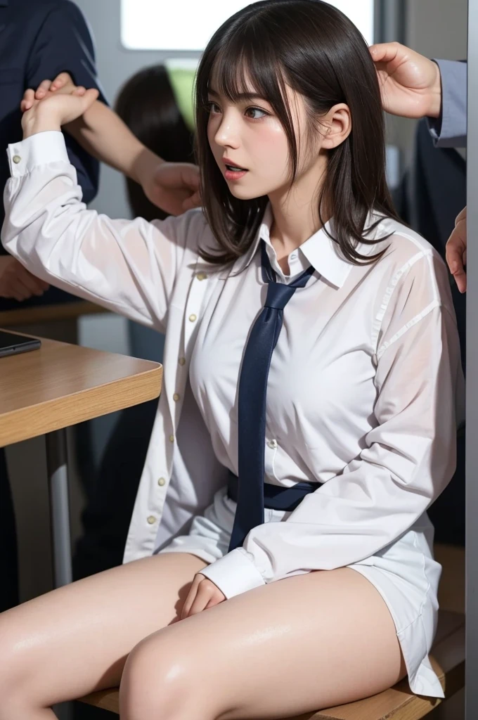 (((On the bed at the love hotel:1.35)))、(((sleep:1.35)))、(((Spread your legs wide:1.35)))、(((mini skirt:1.35)))、(((No underwear:1.35)))、8K, Highest quality, The real picture, Intricate details, Very detailed, Ultra-high resolution, Depth Field,(Realistic,Realistic:1.2),Tabletop , Front shot , Shot in a fashionable café , girl, とても美しい17歳のgirl, Innocent big eyes,、Beautiful breasts:1.5、Very detailed目:1.2)、Wavy Hair、Curly Hair、bangs、, Perfect Skin, Fair skin, Tight waist, A slight blush, View your viewers,((School_uniform),(blazer), (White shirt、Wear a tie), (Grey pleated skirt), (Sculptural installation :1.1), Urban cafe space, Customers enjoying the cafe