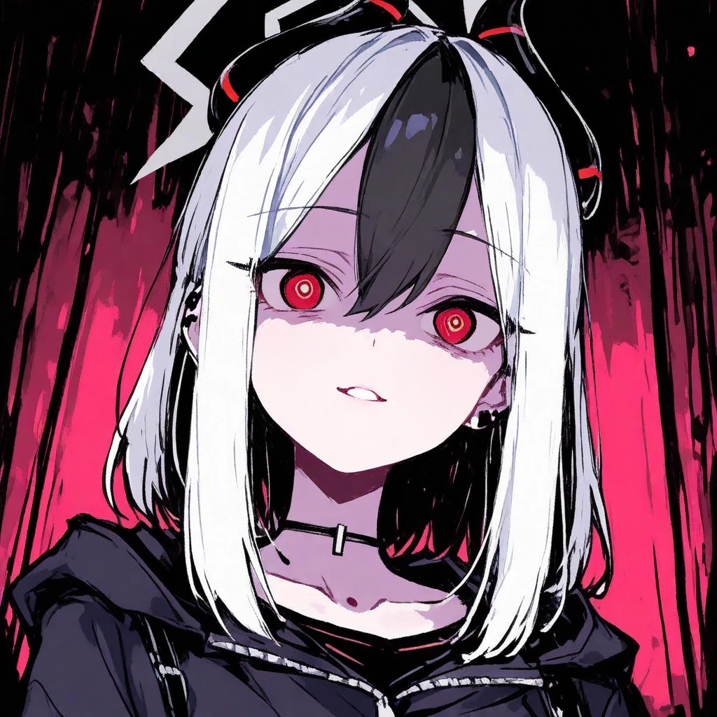 Anime girl with dull dead black eyes and short white hair with bangs and a single black rose accessory in her hair, large bust and black sweatshirt with a black and pale skin top