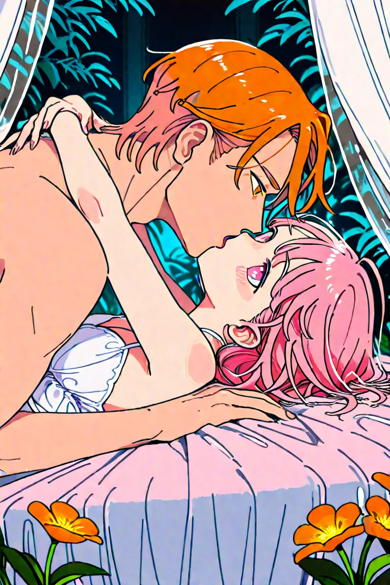 Two women. Hatsume Mei, naked, lying on the bed, medium breasts, small nipples. Ochako Uraraka, naked, lying on the bed, medium breasts, small nipples, Women kissing, bedroom, evening
