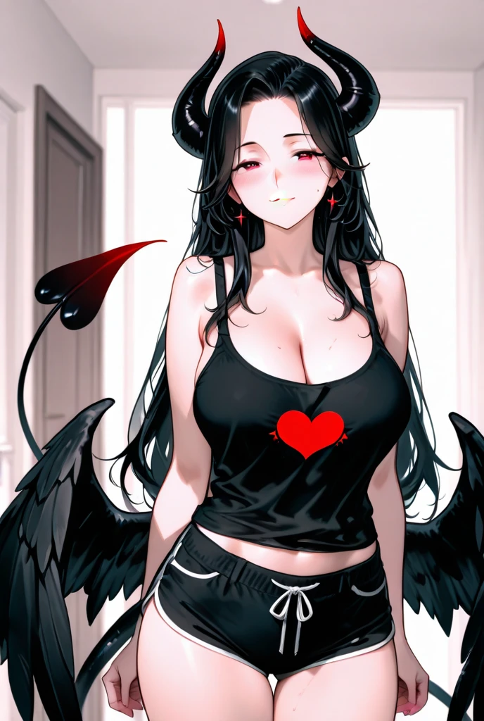 score_9, score_8_up, score_7_up, source_anime, expressive, anime, cartoon, speedlines, dynamic, hearts, 1girl, wide hips, makeup,floox style ,  skindentation, , sweat,grey background, smug, , long hair, Tsurugi (black hair, hime cut, antenna hair, long hair, halo, bloody halo, red eyes, eyeshadow, black wings, low wings, wings from lower back, thorny wings, featherless wings, neck tattoo,), , , embarrassed, blush, nose blush, pink cat lingerie