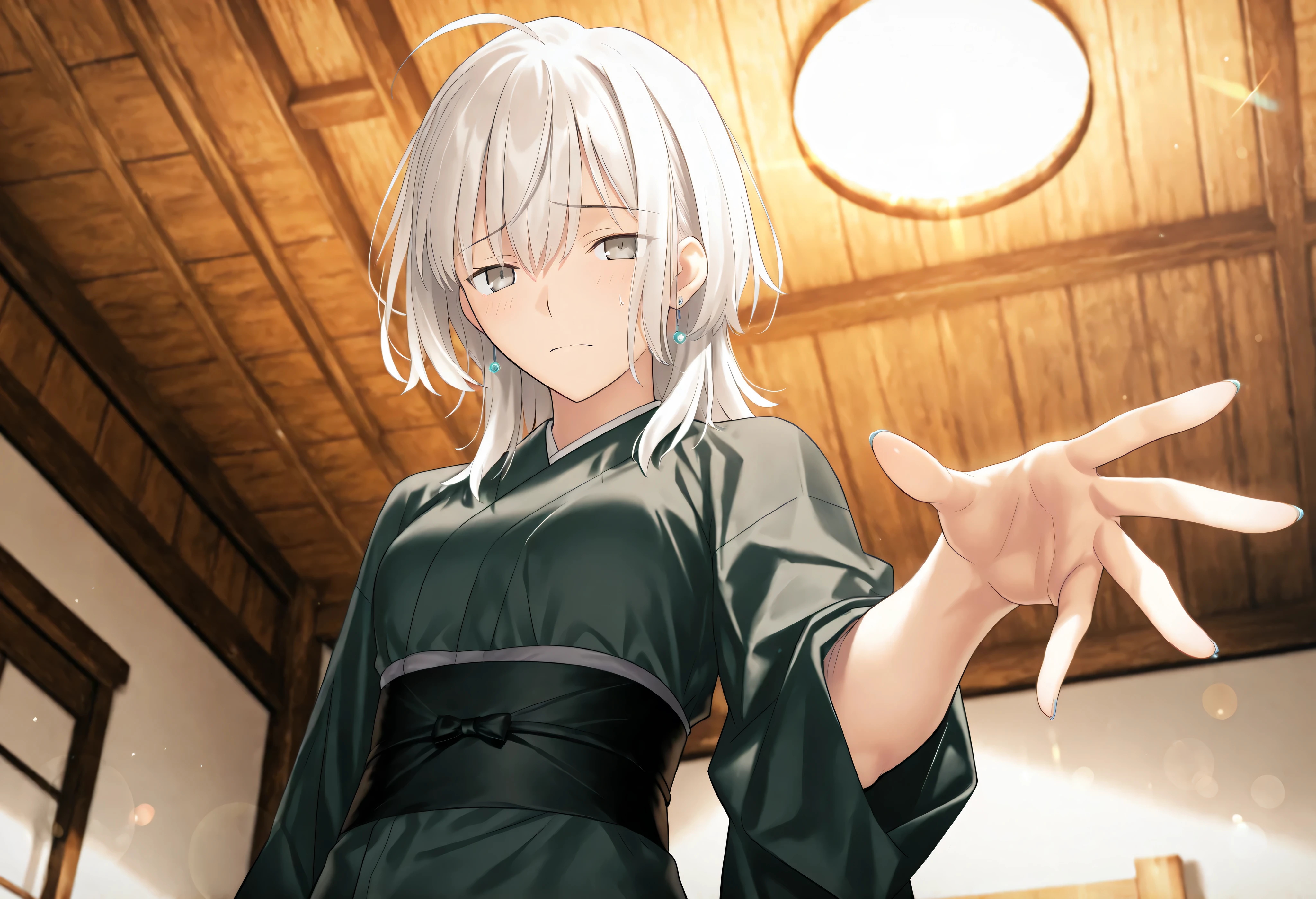 masterpiece, , absurdres, highres, detailed background, high resolution, masterpiece, necessary, detail, best quality, quality, necessary, details, High details, Precise, 8k, indoors,(bed room),dark lens flare, blurry background, (((from below))),
1girl, , koyama hirokazu (type-moon) style, ,Takeuchi Takashi style, (aged up),(upper body),,(((nervous, reaching))), open hand,
very tall girl, (slender body, slim arms, slim body), solo, long sidelocks, blue pierced earrings,, ,
((wolf cut hair)), white hair, medium hair, gray eyes, half-closed eyes, jitome ,bangs, hair between eyes, ahoge, ,(kimono, dark green kimono, long sleeve, ), ,(small breasts),(looking at viewer), , , ,