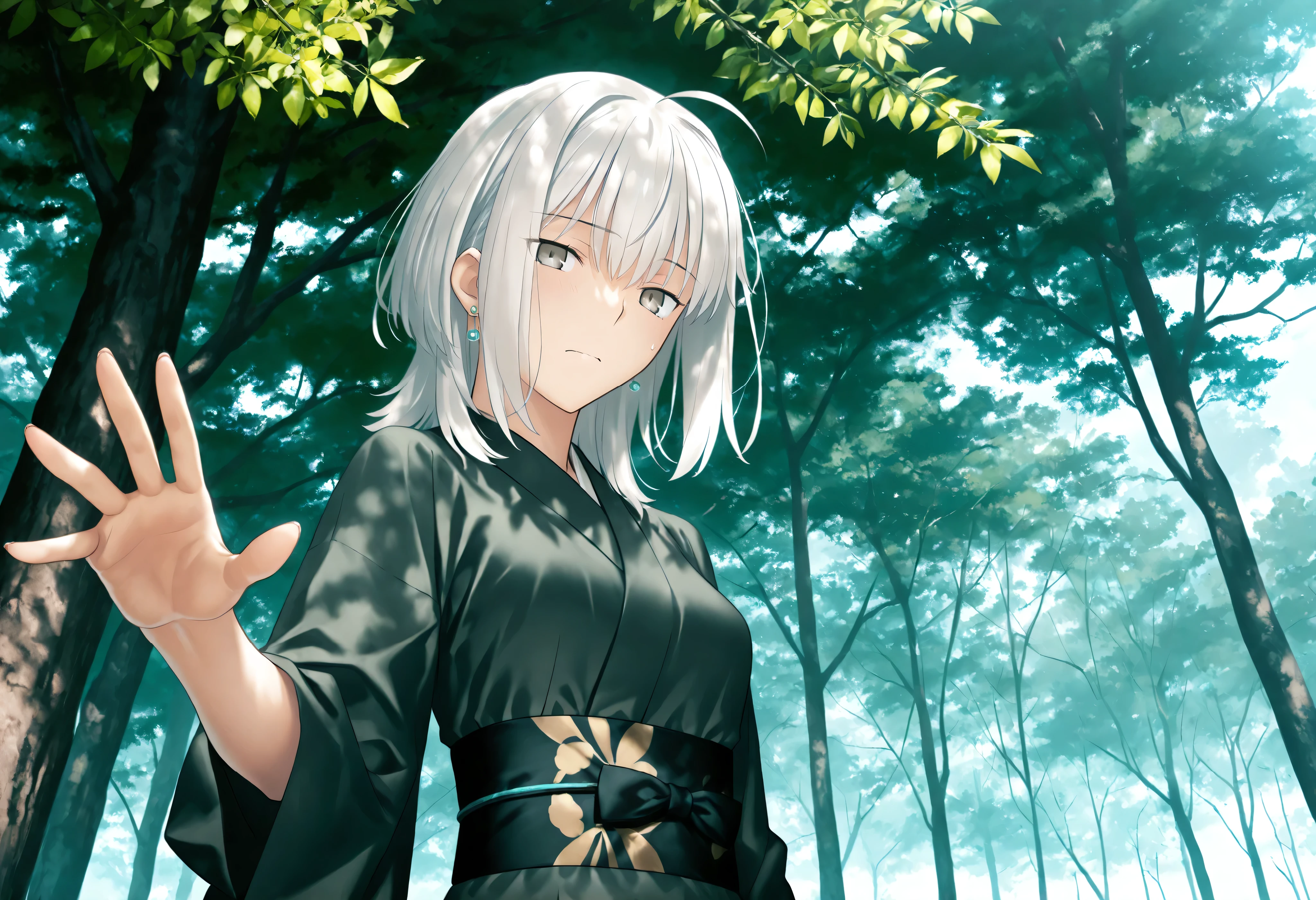masterpiece, , absurdres, highres, detailed background, high resolution, masterpiece, necessary, detail, best quality, quality, necessary, details, High details, Precise, 8k, outdoors,(),, (((from below))),                                             
                                                                                                                                                                                                                         1girl, , koyama hirokazu (type-moon) style, ,Takeuchi Takashi style, (aged up),(upper body),nervous ,(((reaching))), open hand,  
   
very tall girl, (slender body, slim arms, slim body), solo, long sidelocks, blue pierced earrings,, ,
((wolf cut hair)), white hair, medium hair, gray eyes, half-closed eyes, jitome ,bangs, hair between eyes, ahoge, ,(kimono, dark green kimono, long sleeve, ), ,(small breasts),(looking at viewer), ,     , , 