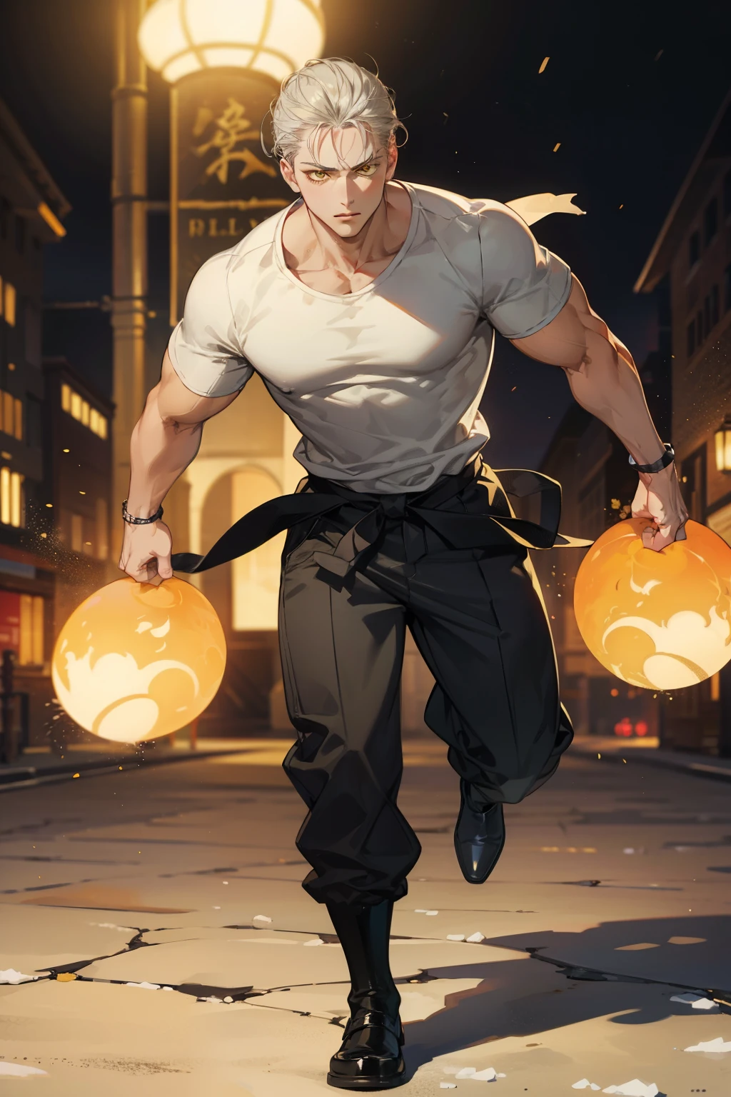 Realistic,PHOTOREALISTIC,HDR,ultra high definition,studio lighting,ultra detailed description,professional ,bright color,flour,One Punch Man,yellow eyes,gray hair,18 years old,man,177cm,black chewy polar that shows off the body,white dojo pants,Dojo strap,full body high definition,masterpiece,Extremely Detailed,Bokeh,golden eyes