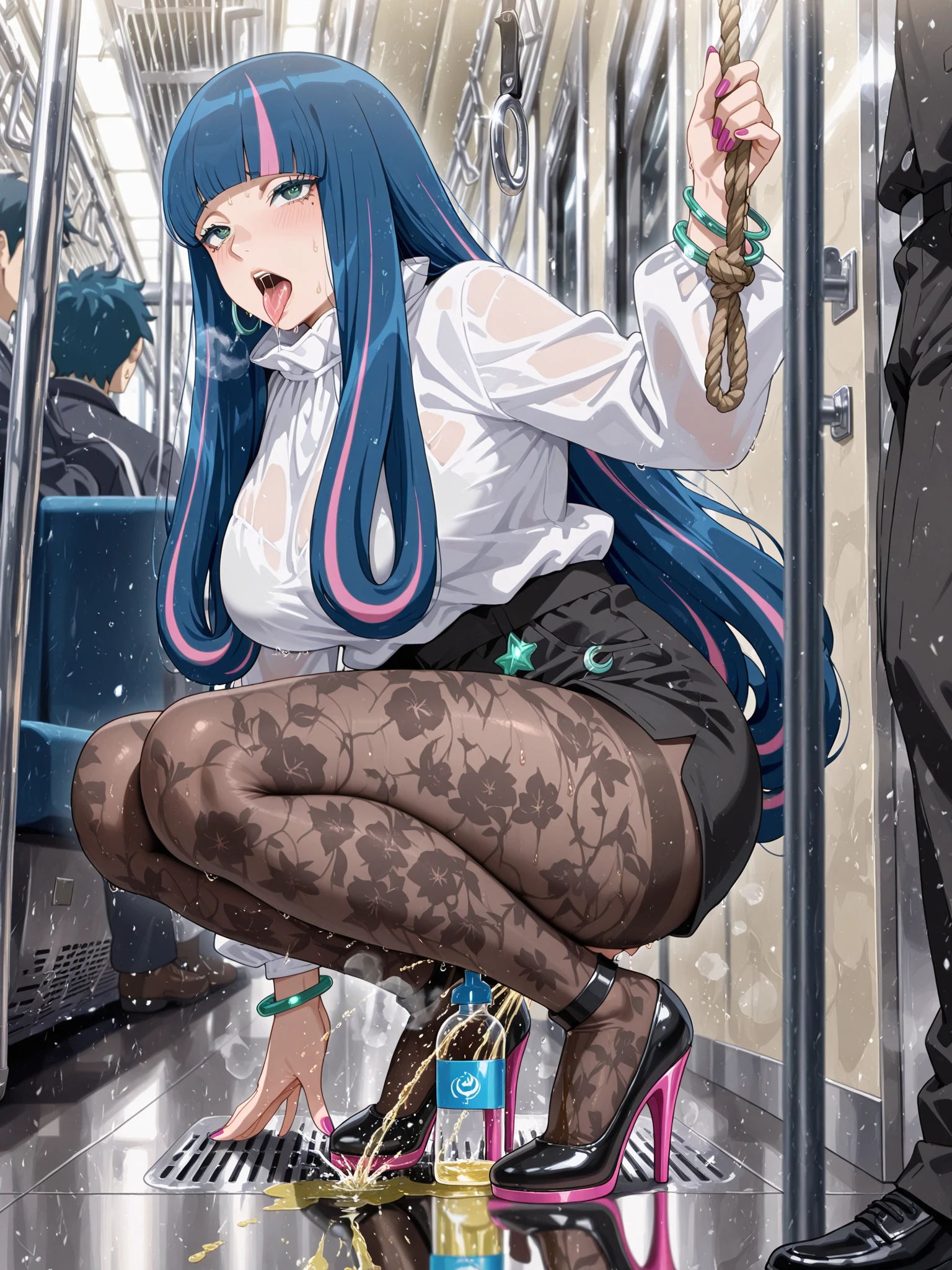 NSFW,masterpiece,Highest quality,High resolution,Super detailed,Star Town Suisei\(Hololive\),Hoshimachi Suisei, 28 year old, Mature Woman, blue eyes,blue hair,choker,hair between eyes,medium hair,side ponytail,Star choker,small breasts,(masterpiece:1.2), highest quality, High resolution,(detailed and beautiful eyes:1.6), (Skinny Curvy Thighs), (skinny plump, swollen filled belly brood pouch:1.5), (perfect hands, perfect anatomy),(((masterpiece))),((highest quality)),very embarrassed face,Intense red blush,Orgasmic face, Eyes rolled up, Mouth open, The tongue is pulled out, Displeased face, slightly angry,shame, be humiliated,horny blush, (I feel very horny, blush with lust) I feel Sexually aroused, I'm panting and gasping, whole body, cleavage, (((Middle-aged Man, Crowed Train, Male holding my waist, My womb is being filled, My belly is sloshing violently, I'm gripping my belly, Middle-aged man thrusting into my butt:1.5)))