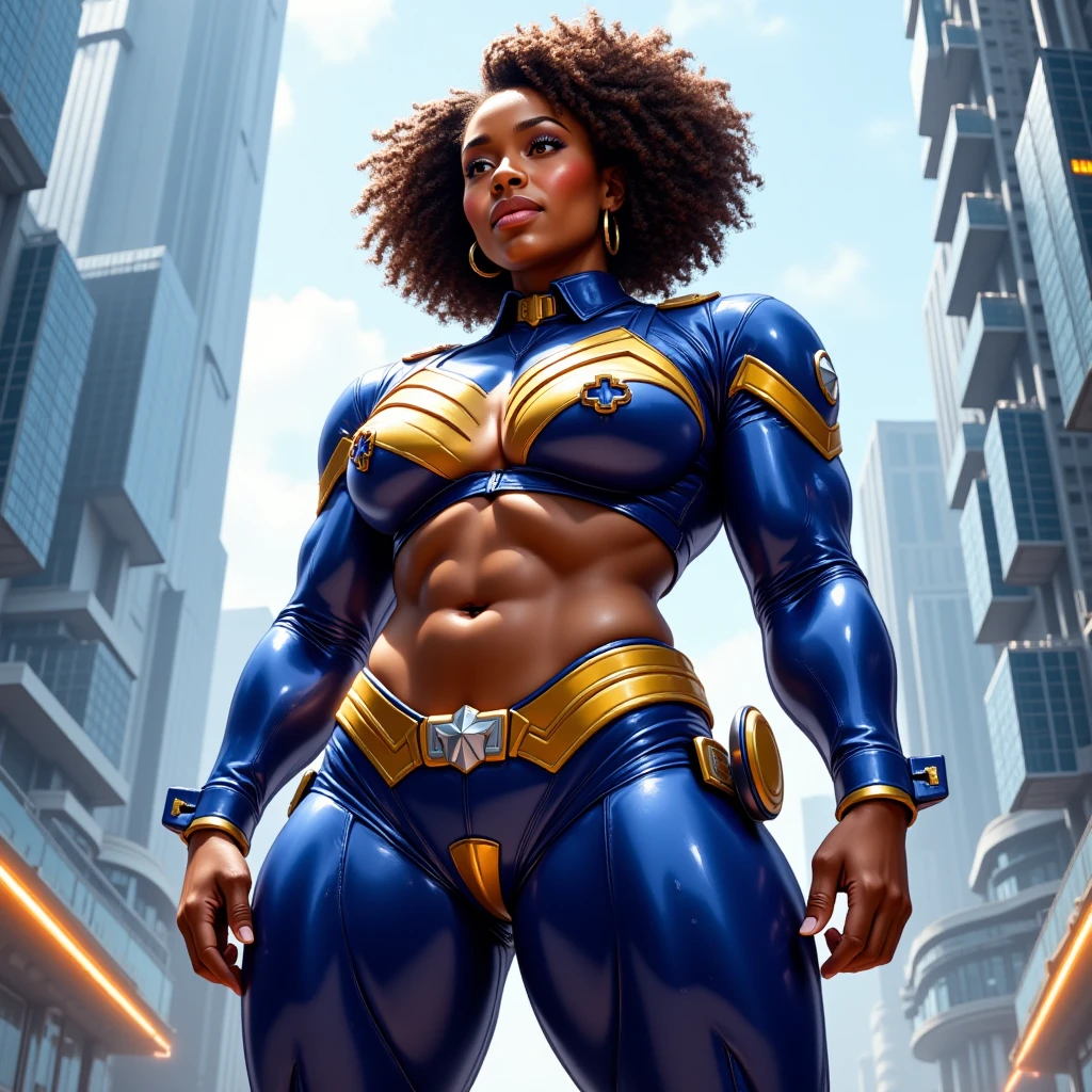 A woman with black skin and black power black hair in superhero pose, American World War II poster, Gil Elvgren style, WLOP, Artgerm ((Poster style)) ((detailed outfit entirely white with gold)) (city in the background) ((woman with open hands pointed forward)) detailed clothing, magical symbols, 1 girl, solo, body fitness, poster design,  poster art style. 1980s, 1950s, 1960s, 1940s, basic color scheme, very colorful poster, colorful art, third rule, dynamic pose, woman, 1 25-year-old girl, looking at the viewer, blurred background, thick legs, brown eyes.