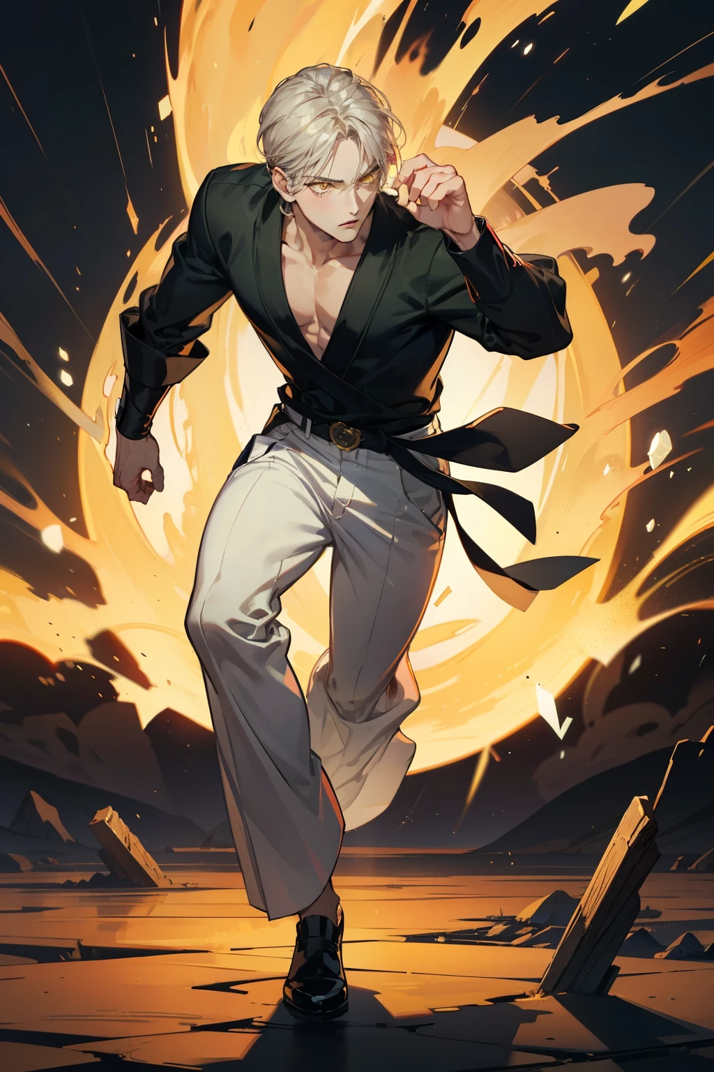 Realistic,PHOTOREALISTIC,HDR,ultra high definition,studio lighting,ultra detailed description,professional ,bright color,flour,One Punch Man,yellow eyes,gray hair,18 years old,man,177cm,몸매를 드러내는 블랙 쫄깃한 폴라,white dojo pants,Dojo strap,full body high definition,masterpiece,Extremely Detailed,Bokeh,golden eyes
Black chewy polar that reveals the full body