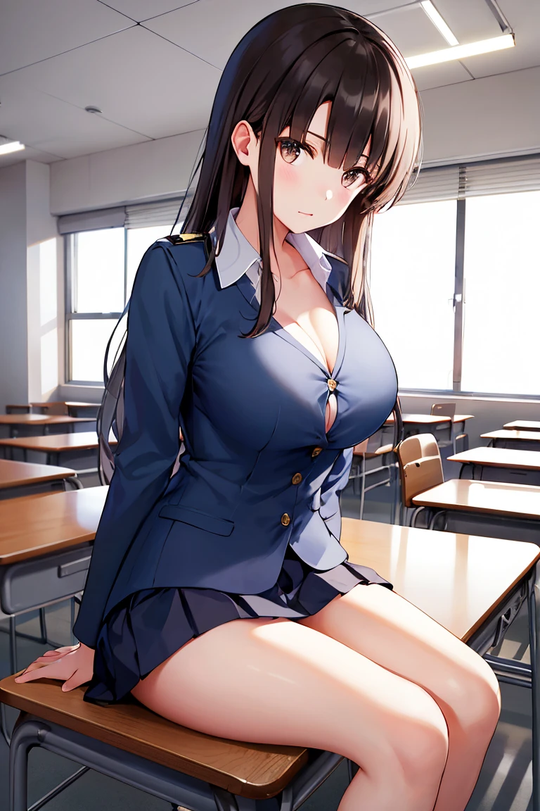 a 20-year-old Italian girl with super gigantic breasts wears a dress made up of a torn blouse that cannot contain her breasts and a miniskirt, she has a slave collar and very long brown hair, she is a prisoner in a school classroom during a lesson, her body it is tightened by bondage straps, a man is groping her breast
