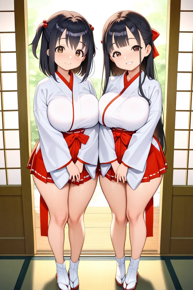 multiple girls, two girls, pair, twins, long hair, ponytail, breasts, looking at viewer, black hair, hair accessory, gloves, sitting, yellow eyes, thighs, white gloves, exposed navel, thigh straps, heterochromia, skimpy clothing, chest curtains, very large breasts, sleeves removed, kimono, sky, wide sleeves, armpits, , red ribbon, bells, sideboob, ribbon trim, hakama, hakama skirt, non-traditional shrine maiden, ribbon trimmed sleeves, shrine maiden, tabi, short hakama skirt, red hakama, hip vents, ribbon trimmed legwear,