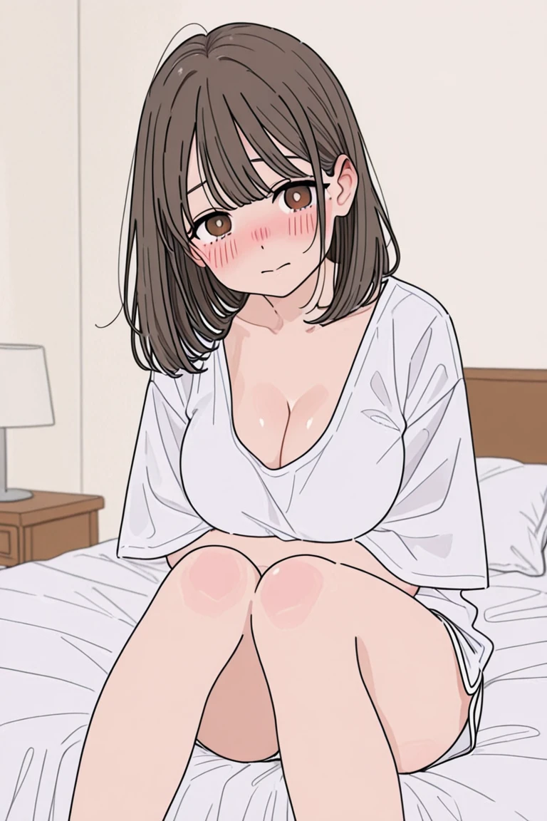 A fifty-year-old woman with loose bedsheets, Sexy girl with brown eyes, Portrait of Sophie Mudd, Brown hair and big eyes, Young woman taking a selfie, Bedroom Eyes, Violet Myers, Without makeup, Natural Makeup, Look straight into the camera, Artgram Faces, Subtle makeup, Great full body shot, In the bedroom, Cleavage