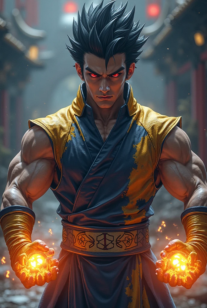 1man, shirtless, martial arts, yellow mask, white eye patterns with black outline , muscular, green costume, yellow belt and boots, burning fists, dragon tatto, mystical city background