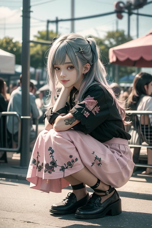 Beautiful white girl 8 year old child, with straight light blue hair long to the waist, com grandes olhos azuis bem juntos horizontalmente ao nariz,fofa,com bochechas rosadas, com jaqueta preta com simbolo do ethereum dourado,blusa preta,de batom vermelho,lente 55 mm abertura f/1.5,with blurred background of an urban city at night full of illuminated buildings, and poles with blue and red lighting
