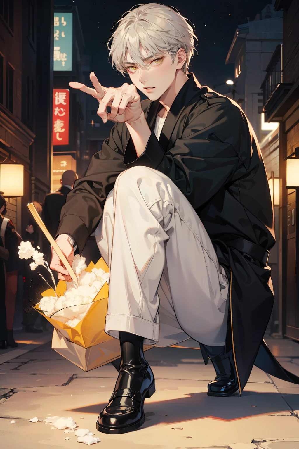 Realistic,PHOTOREALISTIC,HDR,ultra high definition,studio lighting,ultra detailed description,professional ,bright color,flour,One Punch Man,yellow eyes,gray hair,18 years old,man,177cm,몸매를 드러내는 블랙 쫄깃한 폴라,white dojo pants,Dojo strap,full body high definition,masterpiece,Extremely Detailed,Bokeh,golden eyes
Black chewy polar that reveals the full body