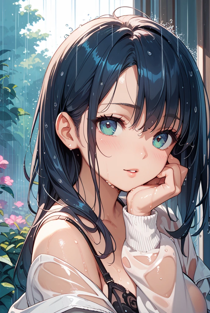 ((Highest quality))、((masterpiece))、One Girl、Formal Up、Beautiful and detailed eyes and face、Beautiful Skin、Realistic、very cute、22 years old、School Swimsuit(dark blue、Simple design、Matte texture、Wrinkles、Wet、Polyester material、shadow、)Wet body、Anime Face、Beauty、Look forward、Big eyes(Beautiful poop、Anime Face、Clear Eyes、Fine details、Beautiful Eyes)Well-formed face(Beautiful nose、Puzzled、Sharp Mouth)Sweaty、Soaking wet、Wet feeling、background(Clear sky、Take-out)、8K quality、Perfect Proportions、Slender、blush、Female focus, hair ornaments,Hair length, Look at the viewers,((Pee))((Urinating))((Water droplets fall))